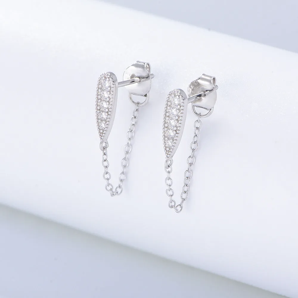 Pear Drop Zircon Chain Tassel Silver Studs Earrings for Women