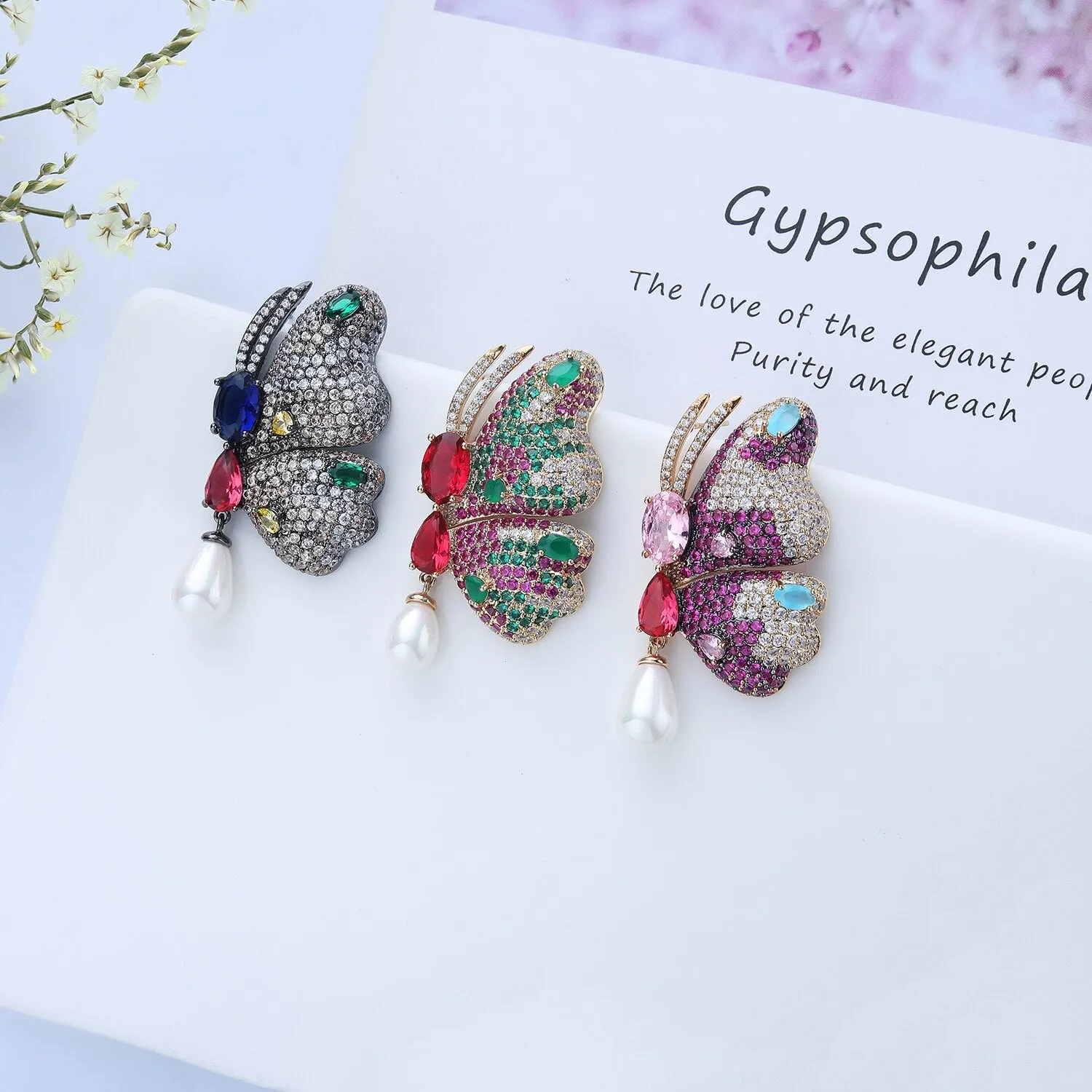 Pearl Cubic Zircon Butterfly Earrings for Wedding, Crystals Wing Earring for Bride, Women Girl Gift CE11203