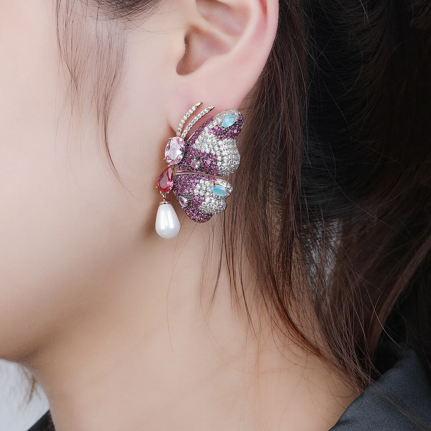 Pearl Cubic Zircon Butterfly Earrings for Wedding, Crystals Wing Earring for Bride, Women Girl Gift CE11203
