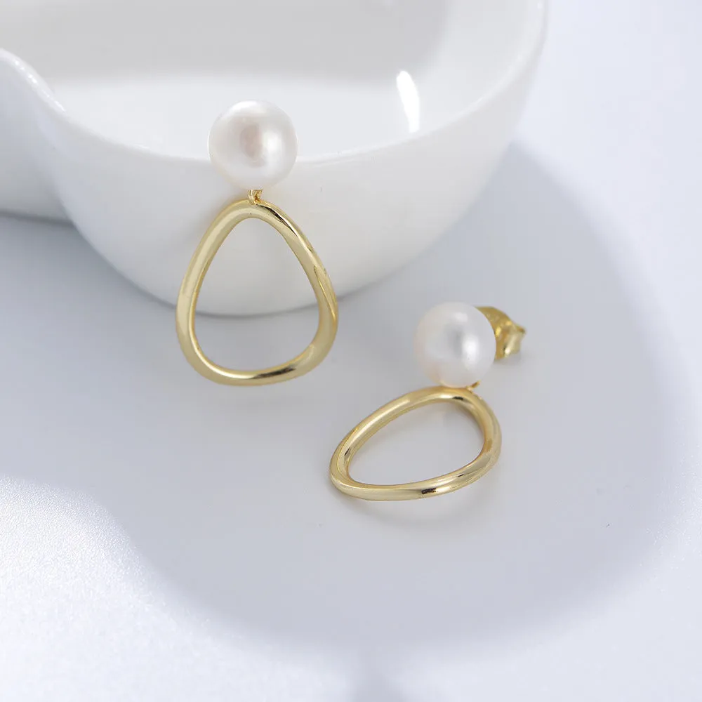 Pearl with Hollow Egg Shape Silver Drop Earrings for Women