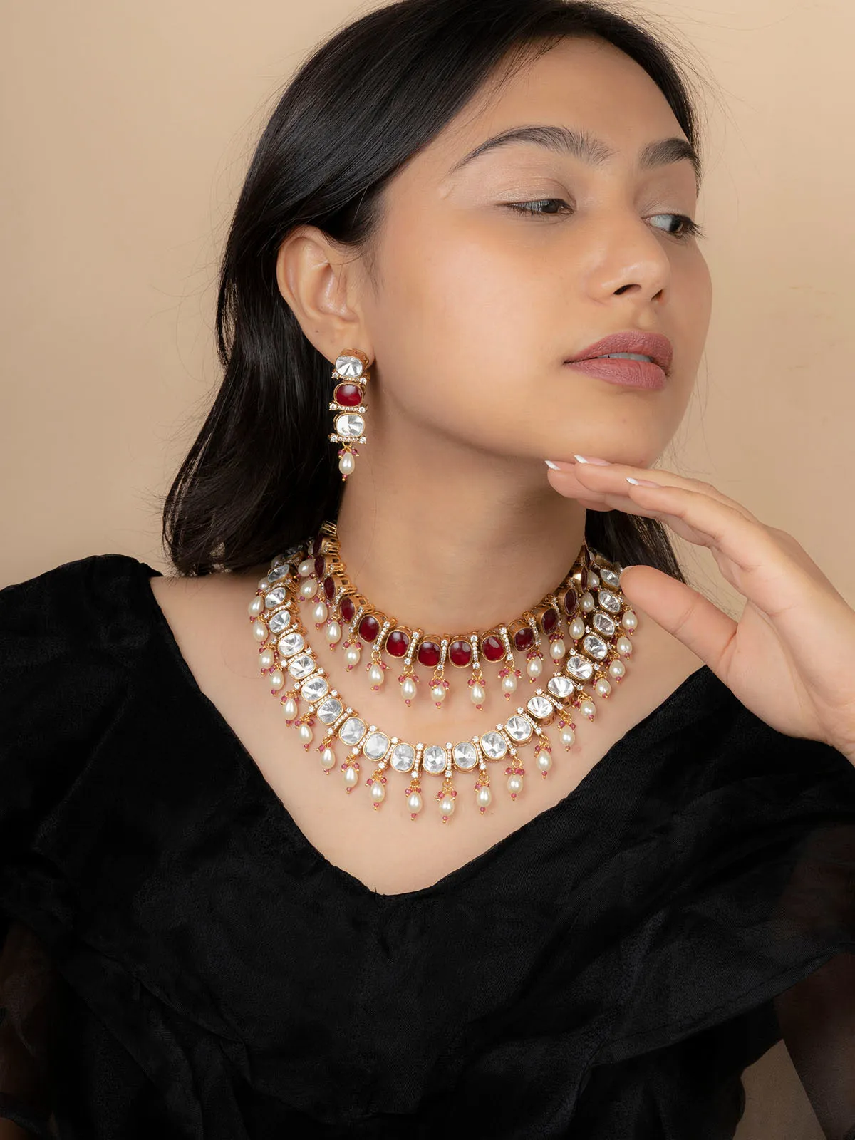 Pink Color Gold Plated Faux Polki Necklace Set - PK-S113P