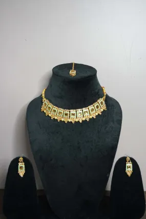 Pista Green Colour Kundan Necklace with Earring & Maang Tikka