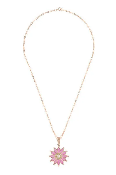 Plique a Jour Enamel Flower Pendant Necklace in Rose Gold Vermeil Sterling Silver with White Sapphire | Art Nouveau 1910 Vintage Replica