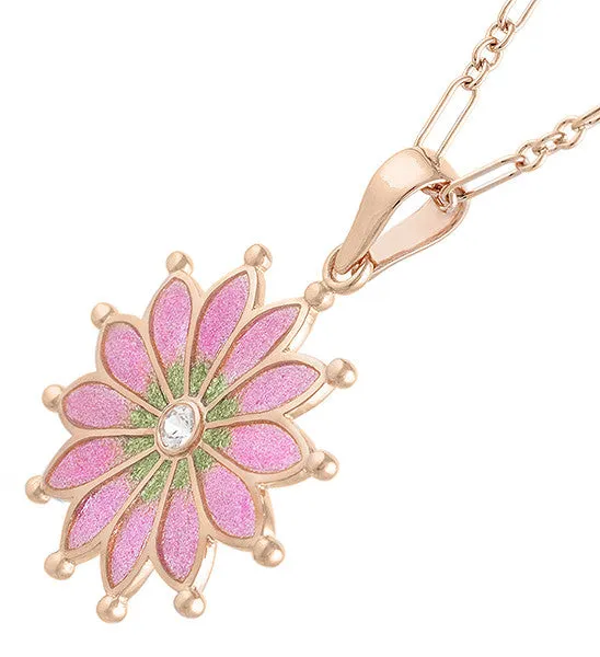 Plique a Jour Enamel Flower Pendant Necklace in Rose Gold Vermeil Sterling Silver with White Sapphire | Art Nouveau 1910 Vintage Replica