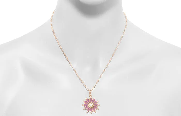 Plique a Jour Enamel Flower Pendant Necklace in Rose Gold Vermeil Sterling Silver with White Sapphire | Art Nouveau 1910 Vintage Replica