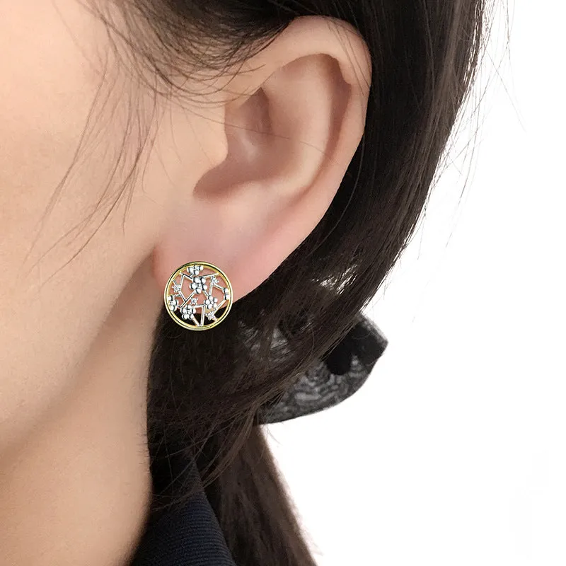 Plum Flower Hollow Circle Zircon Sterling Silver Stud Earrings