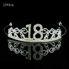 Premium 18th Birthday Metal Tiara with Diamond Cake Decoration - Silver