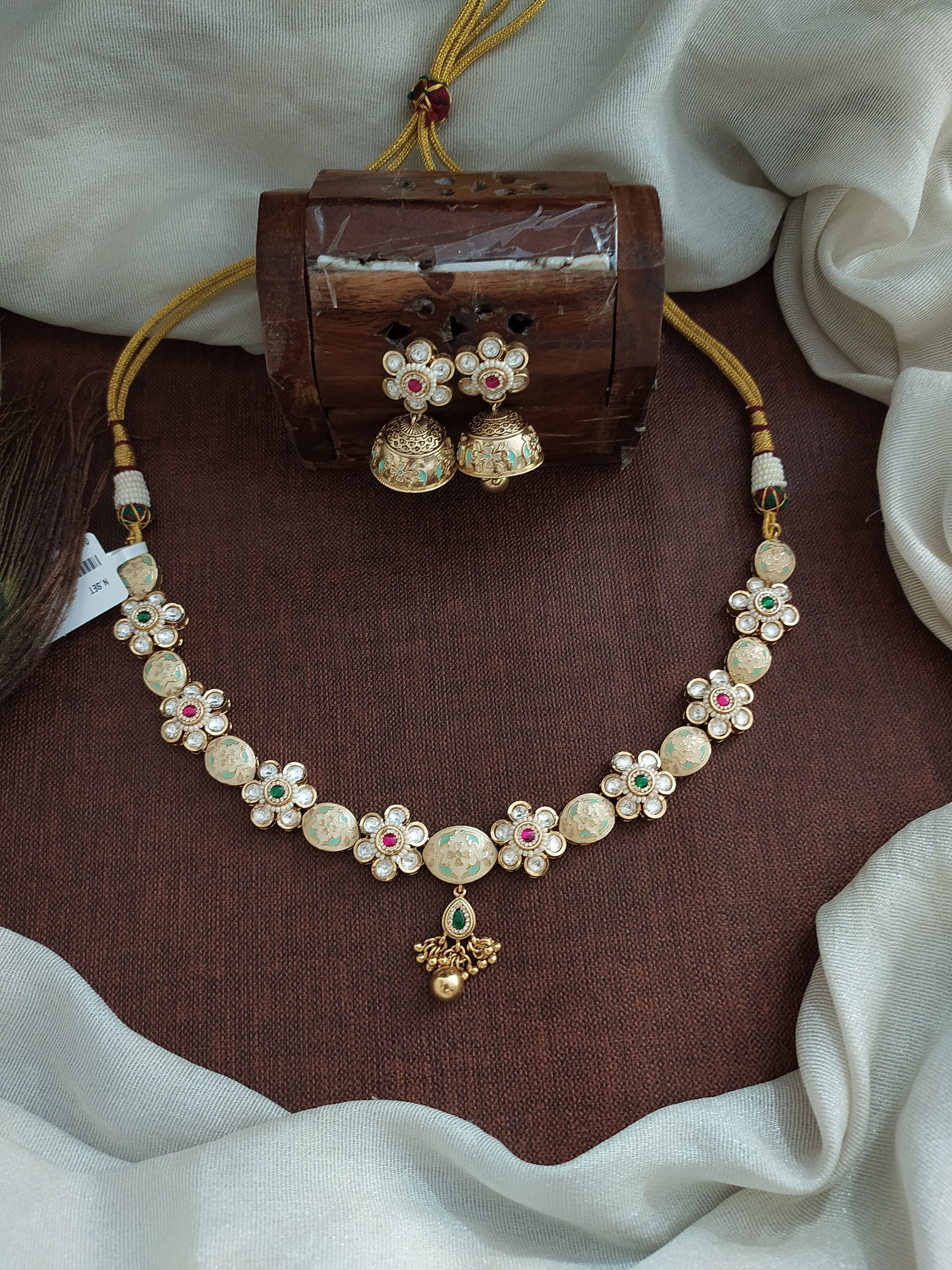 "Kundan Meenakari Floral Necklace with Jhumki in Pastel Ivory & Mint"
