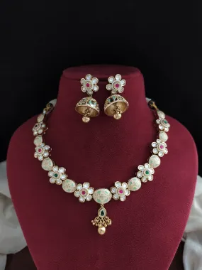 "Kundan Meenakari Floral Necklace with Jhumki in Pastel Ivory & Mint"