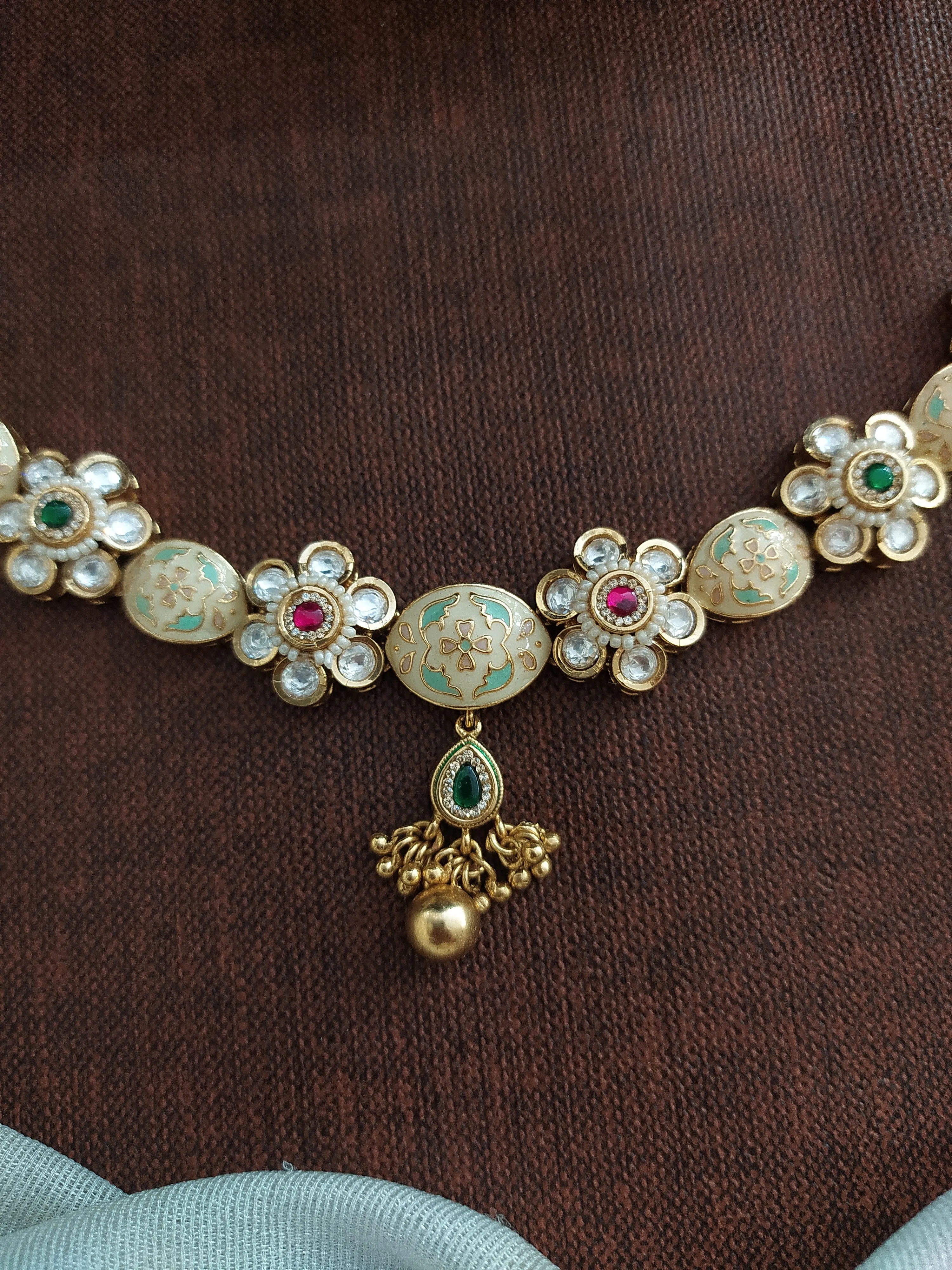 "Kundan Meenakari Floral Necklace with Jhumki in Pastel Ivory & Mint"