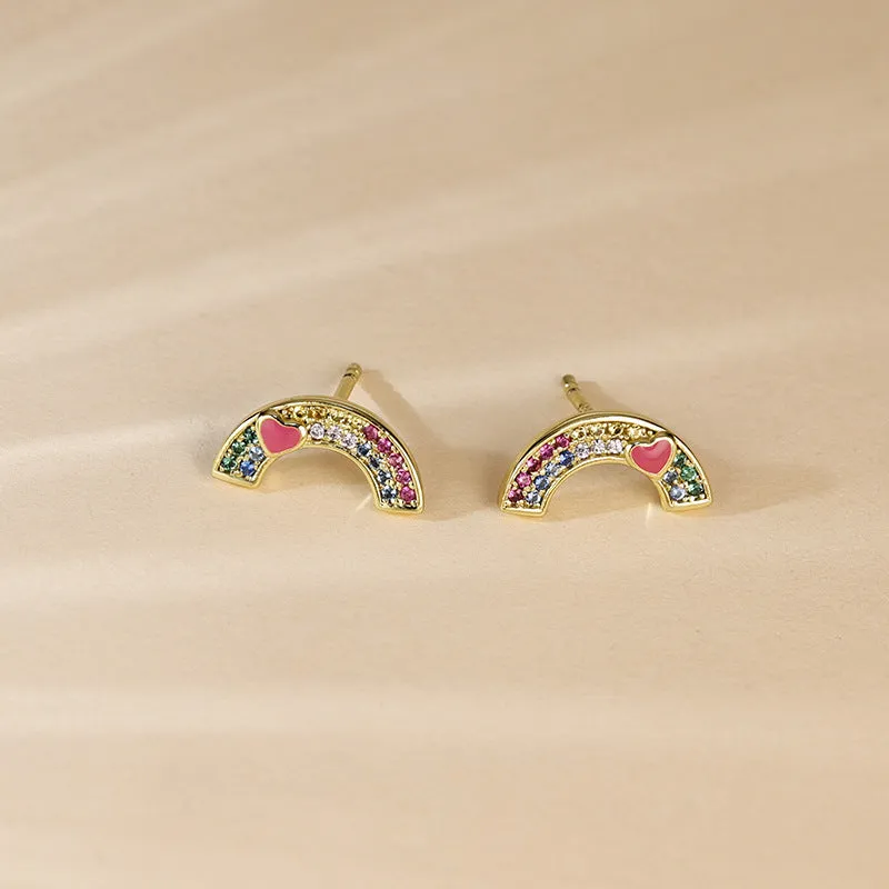 Rainbow Colourful Zircon Silver Studs Earrings for Women