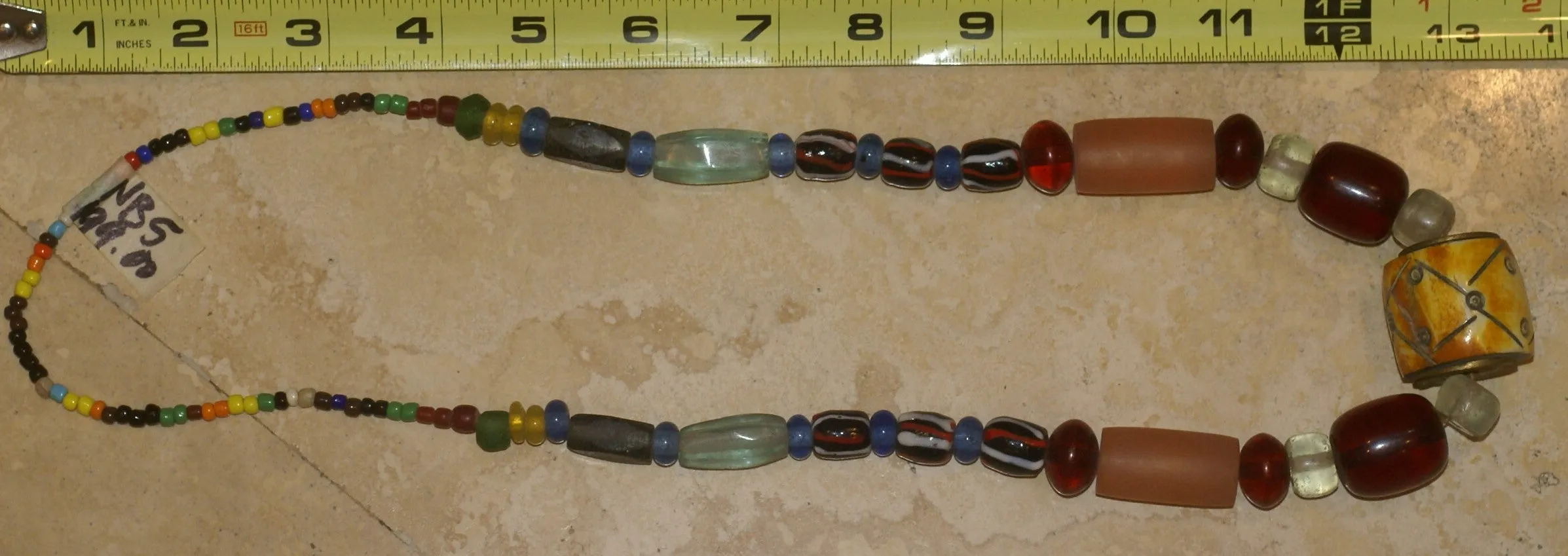 Rare Tribal Ethnic Dayak Iban Tribe Talisman Necklace: Antique Hand Crafted Magical Lukut Sekala , Old Trade Glass Beads, Amber beads, Buffalo Bone Hand Etched Beads, Chinese Coins, collected in 1980’s Borneo Aristocrat Owner, Indonesia. NB5