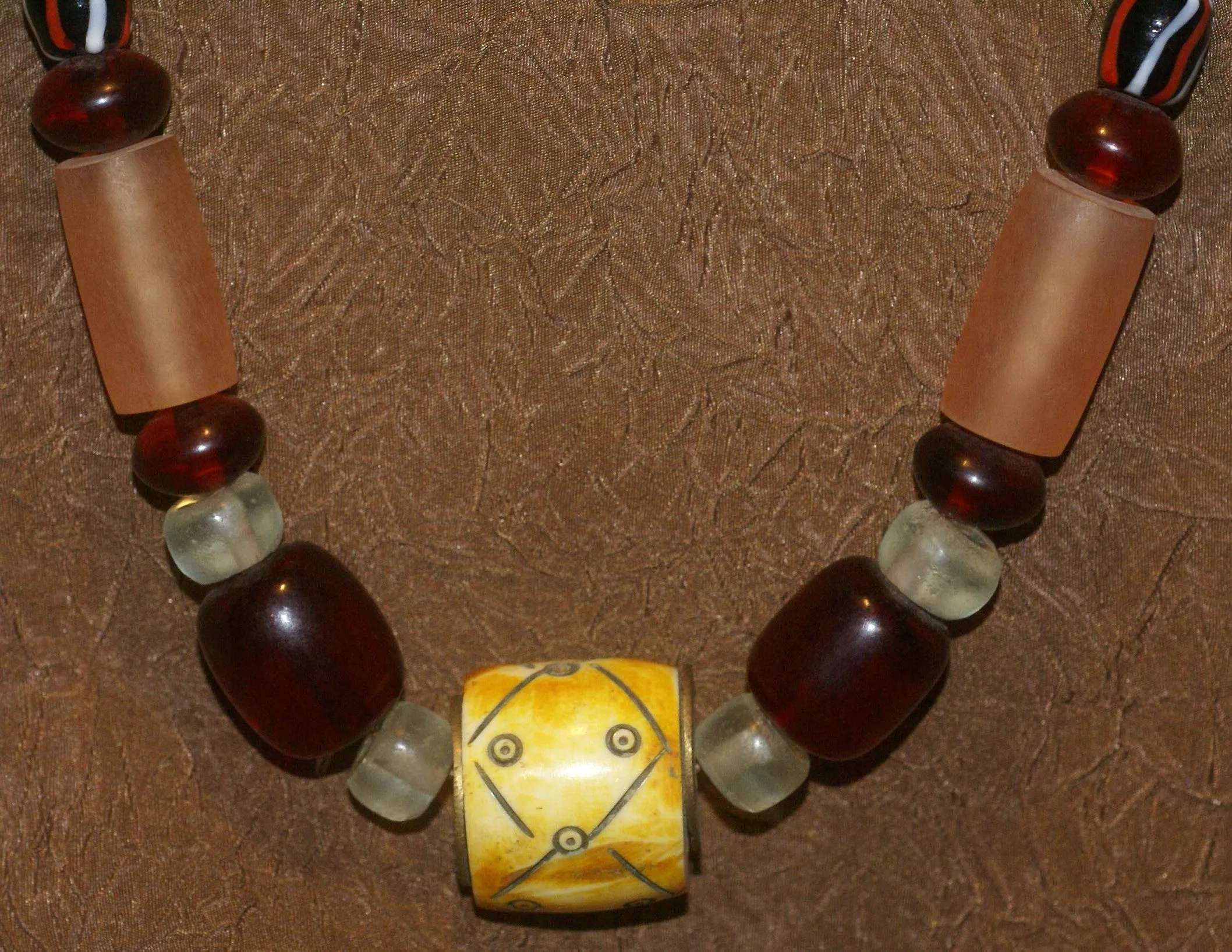Rare Tribal Ethnic Dayak Iban Tribe Talisman Necklace: Antique Hand Crafted Magical Lukut Sekala , Old Trade Glass Beads, Amber beads, Buffalo Bone Hand Etched Beads, Chinese Coins, collected in 1980’s Borneo Aristocrat Owner, Indonesia. NB5