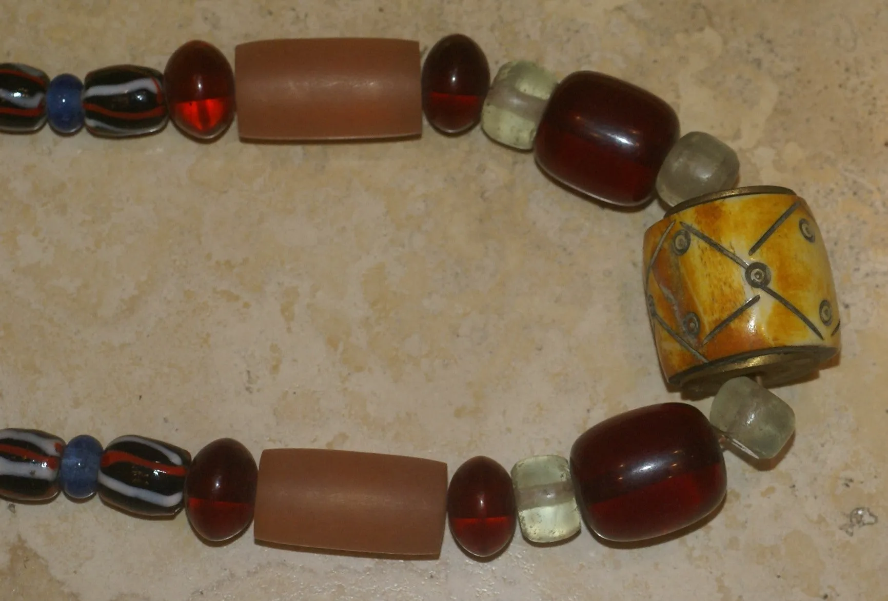 Rare Tribal Ethnic Dayak Iban Tribe Talisman Necklace: Antique Hand Crafted Magical Lukut Sekala , Old Trade Glass Beads, Amber beads, Buffalo Bone Hand Etched Beads, Chinese Coins, collected in 1980’s Borneo Aristocrat Owner, Indonesia. NB5