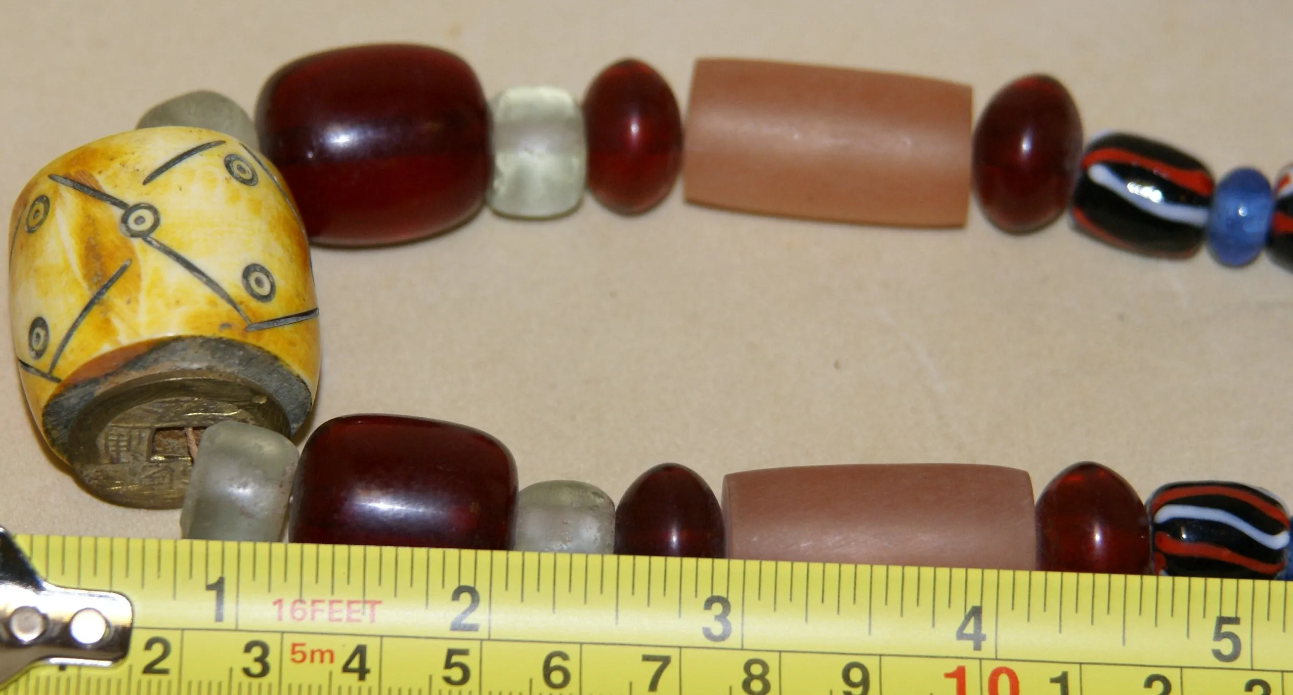 Rare Tribal Ethnic Dayak Iban Tribe Talisman Necklace: Antique Hand Crafted Magical Lukut Sekala , Old Trade Glass Beads, Amber beads, Buffalo Bone Hand Etched Beads, Chinese Coins, collected in 1980’s Borneo Aristocrat Owner, Indonesia. NB5