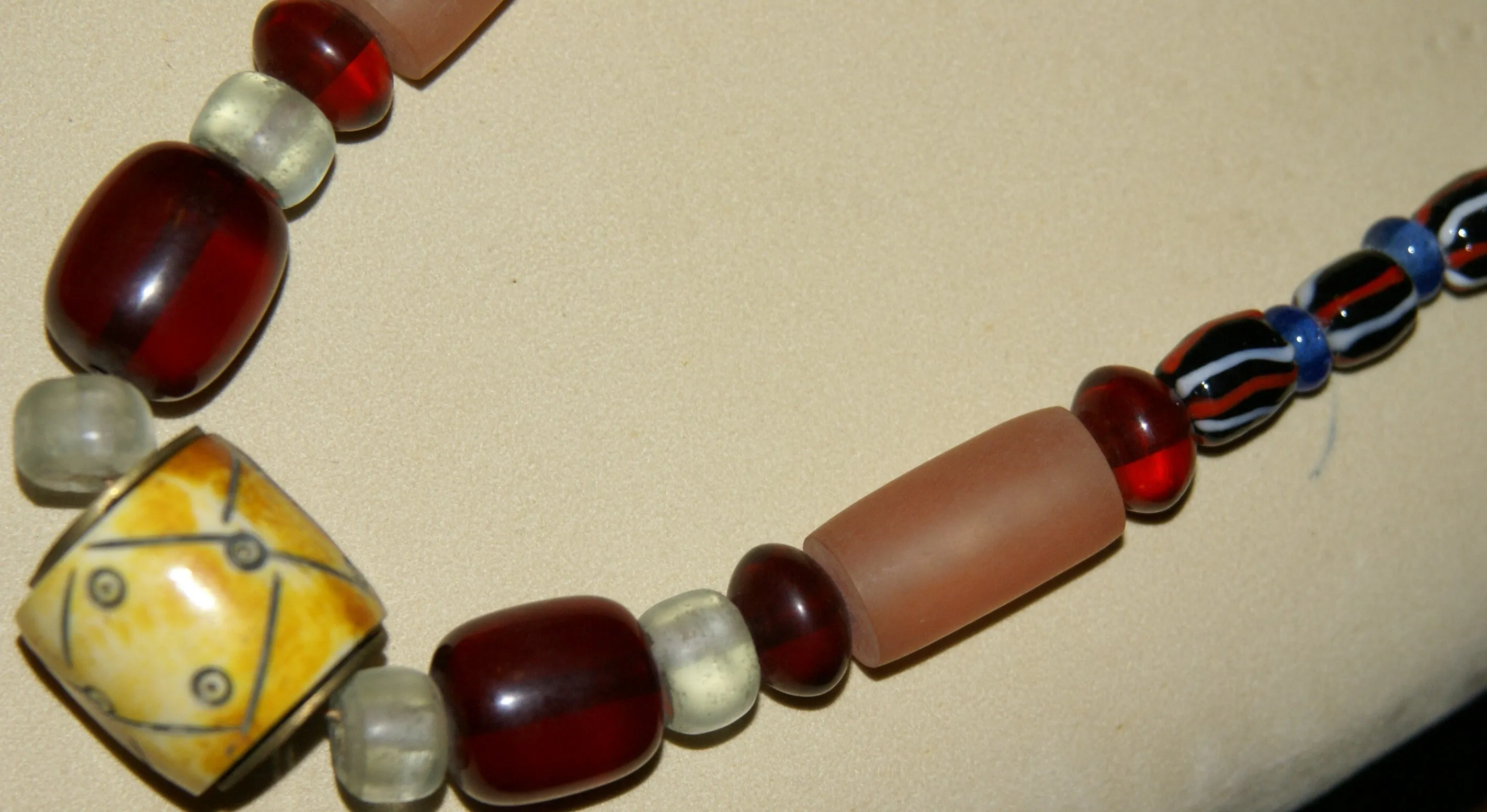 Rare Tribal Ethnic Dayak Iban Tribe Talisman Necklace: Antique Hand Crafted Magical Lukut Sekala , Old Trade Glass Beads, Amber beads, Buffalo Bone Hand Etched Beads, Chinese Coins, collected in 1980’s Borneo Aristocrat Owner, Indonesia. NB5