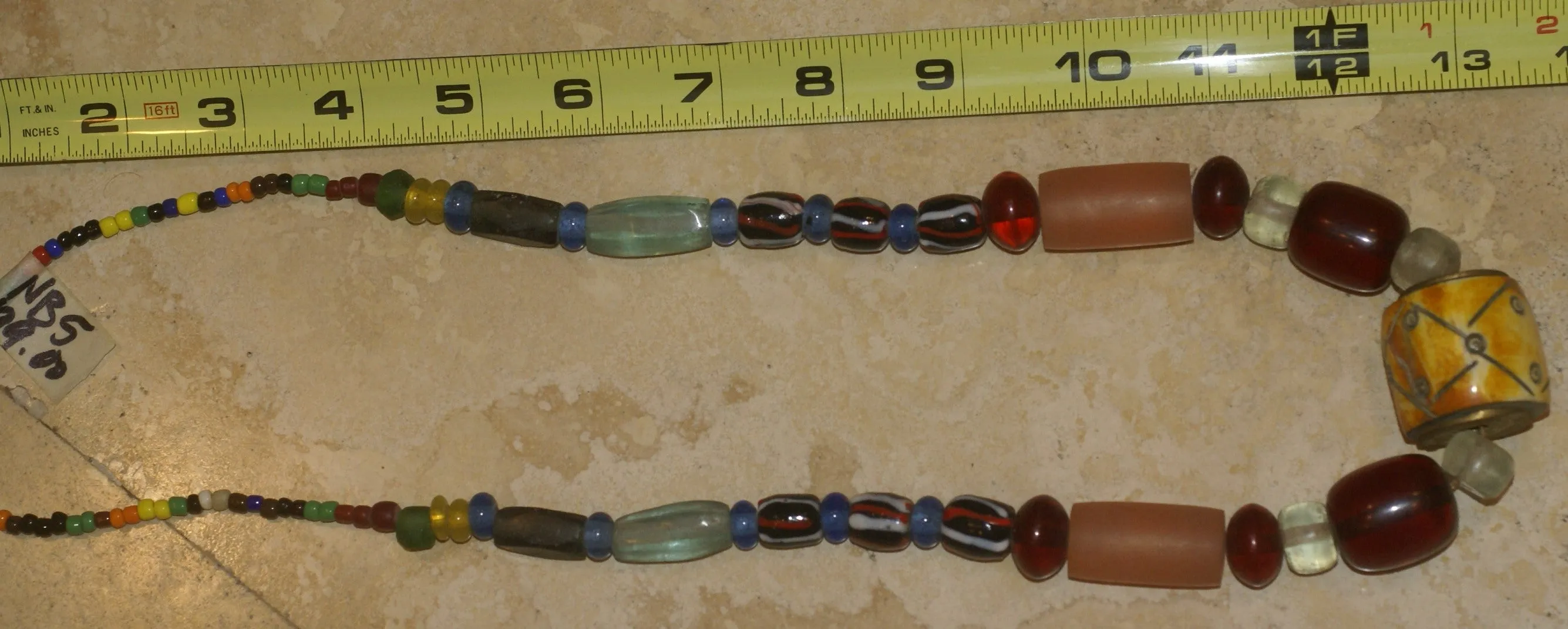 Rare Tribal Ethnic Dayak Iban Tribe Talisman Necklace: Antique Hand Crafted Magical Lukut Sekala , Old Trade Glass Beads, Amber beads, Buffalo Bone Hand Etched Beads, Chinese Coins, collected in 1980’s Borneo Aristocrat Owner, Indonesia. NB5