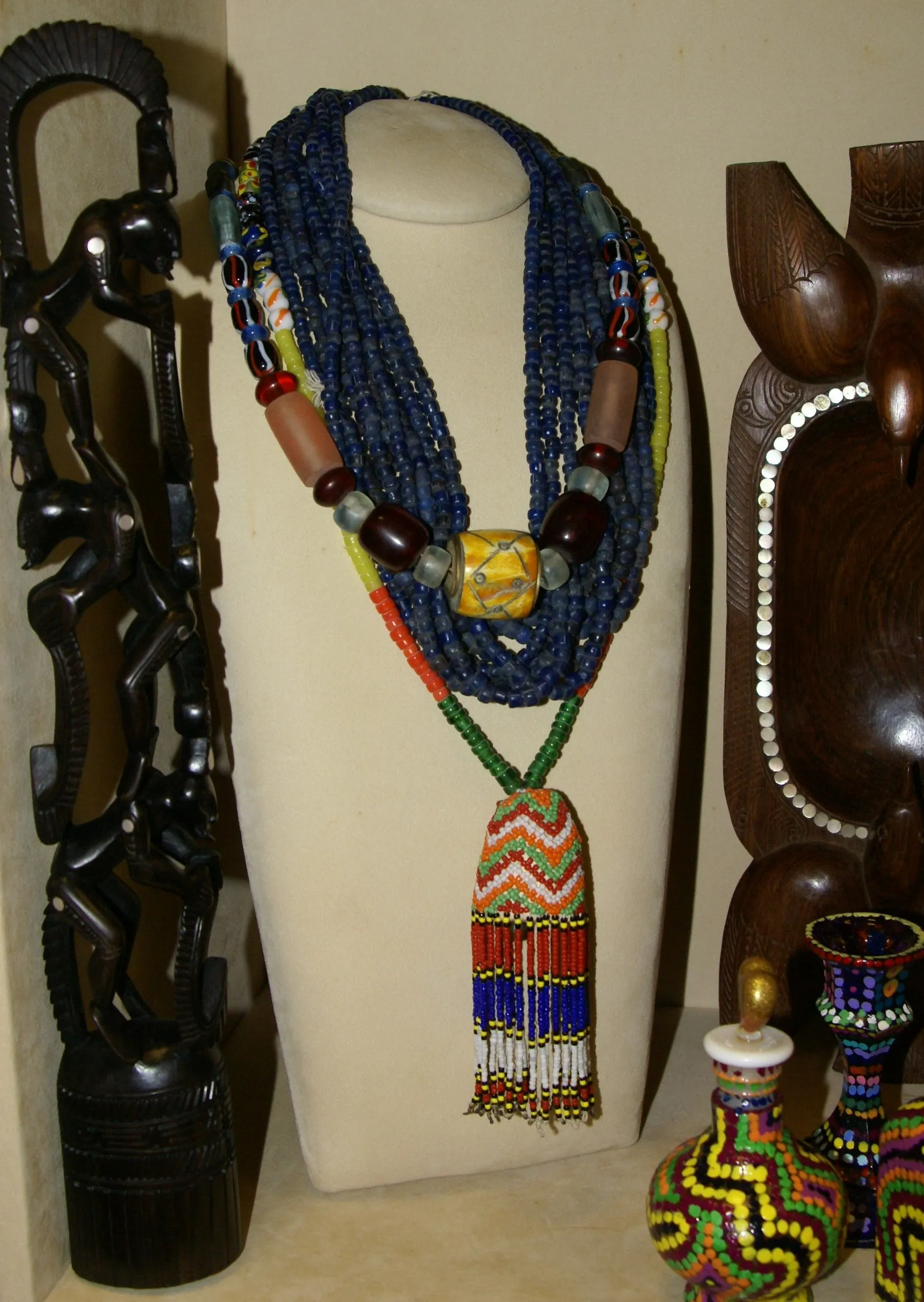 Rare Tribal Ethnic Dayak Iban Tribe Talisman Necklace: Antique Hand Crafted Magical Lukut Sekala , Old Trade Glass Beads, Amber beads, Buffalo Bone Hand Etched Beads, Chinese Coins, collected in 1980’s Borneo Aristocrat Owner, Indonesia. NB5
