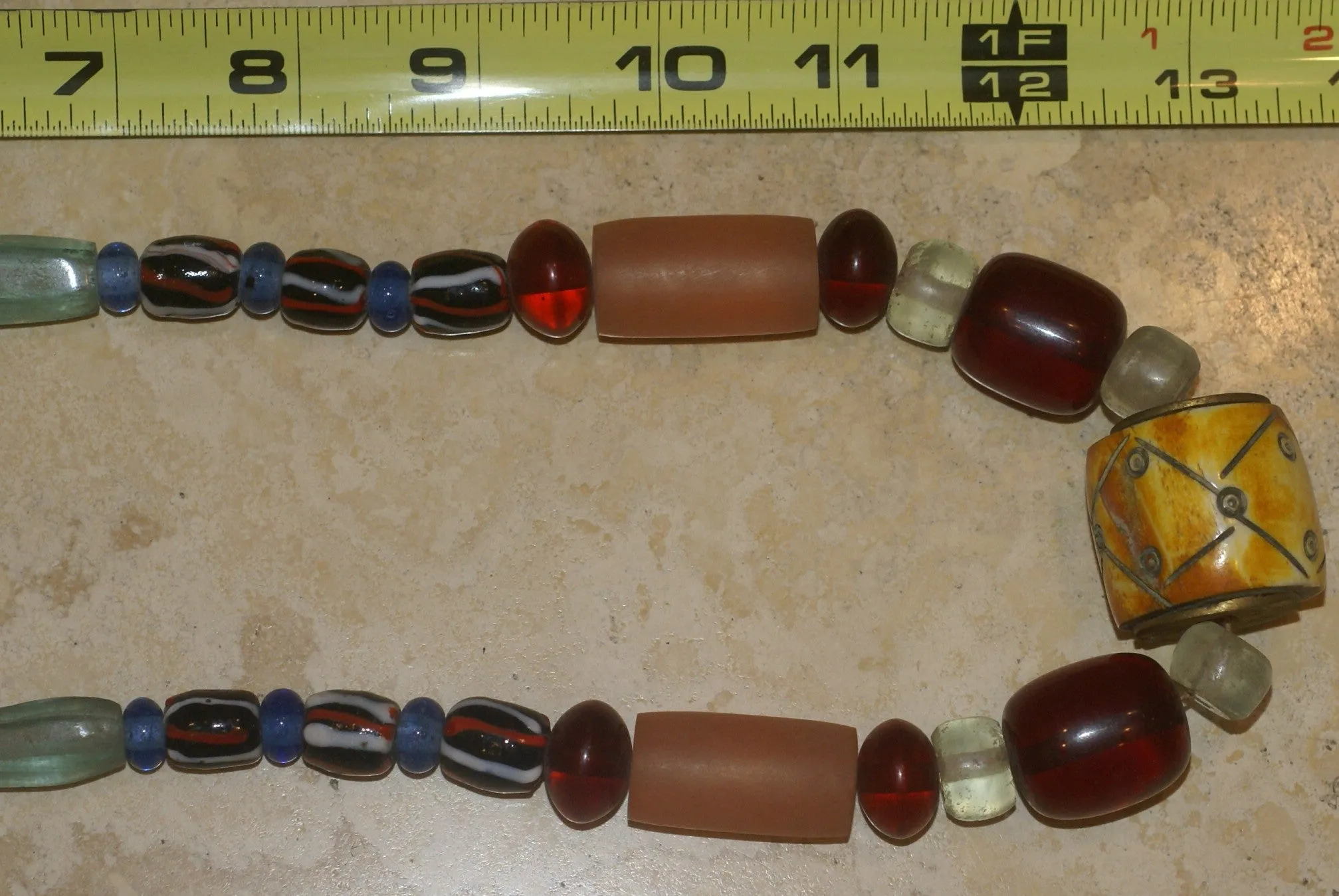 Rare Tribal Ethnic Dayak Iban Tribe Talisman Necklace: Antique Hand Crafted Magical Lukut Sekala , Old Trade Glass Beads, Amber beads, Buffalo Bone Hand Etched Beads, Chinese Coins, collected in 1980’s Borneo Aristocrat Owner, Indonesia. NB5