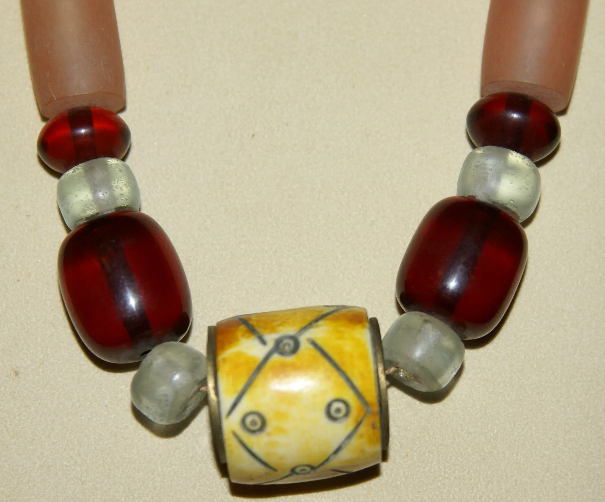 Rare Tribal Ethnic Dayak Iban Tribe Talisman Necklace: Antique Hand Crafted Magical Lukut Sekala , Old Trade Glass Beads, Amber beads, Buffalo Bone Hand Etched Beads, Chinese Coins, collected in 1980’s Borneo Aristocrat Owner, Indonesia. NB5