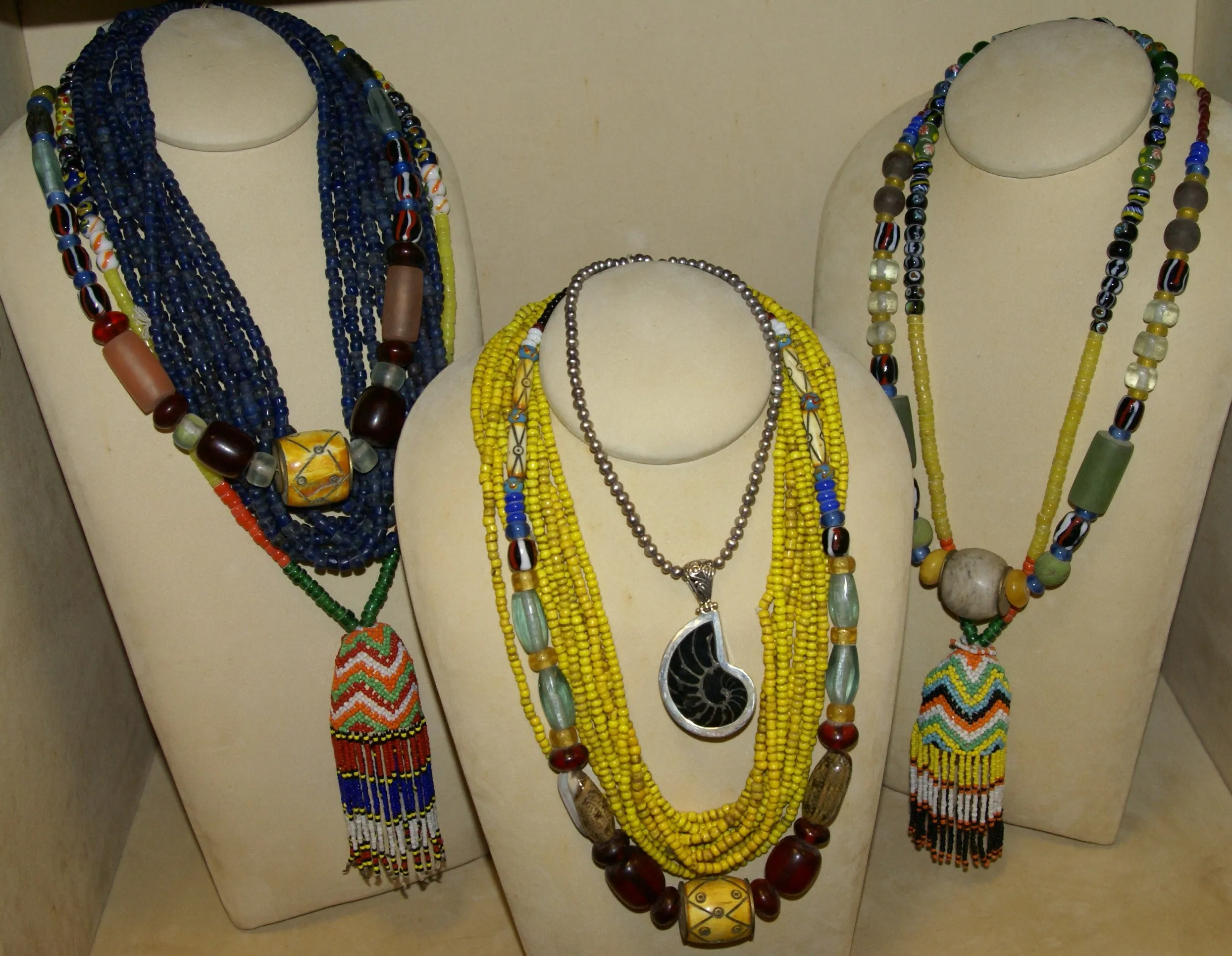 Rare Tribal Ethnic Dayak Iban Tribe Talisman Necklace: Antique Hand Crafted Magical Lukut Sekala , Old Trade Glass Beads, Amber beads, Buffalo Bone Hand Etched Beads, Chinese Coins, collected in 1980’s Borneo Aristocrat Owner, Indonesia. NB5