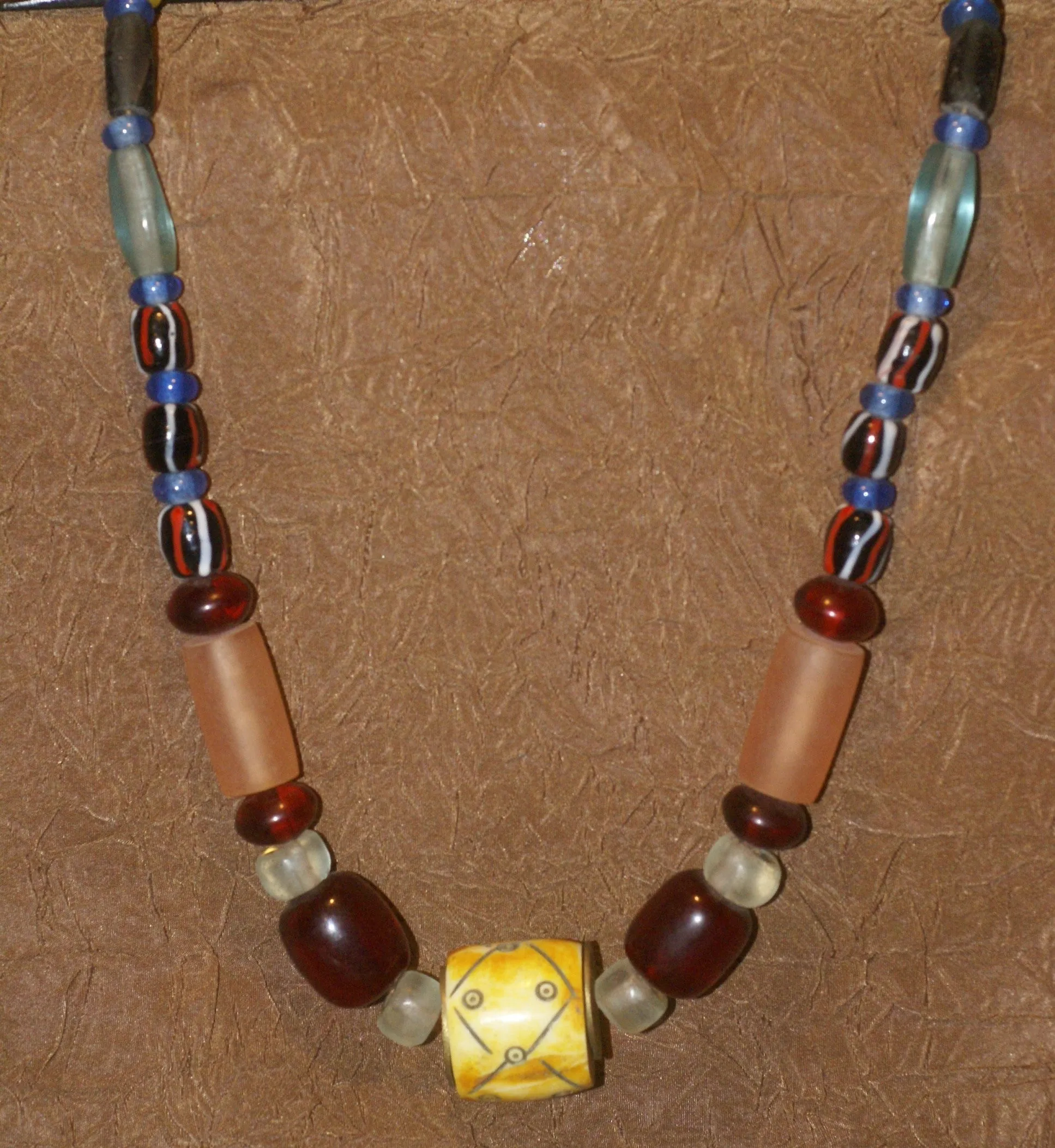 Rare Tribal Ethnic Dayak Iban Tribe Talisman Necklace: Antique Hand Crafted Magical Lukut Sekala , Old Trade Glass Beads, Amber beads, Buffalo Bone Hand Etched Beads, Chinese Coins, collected in 1980’s Borneo Aristocrat Owner, Indonesia. NB5