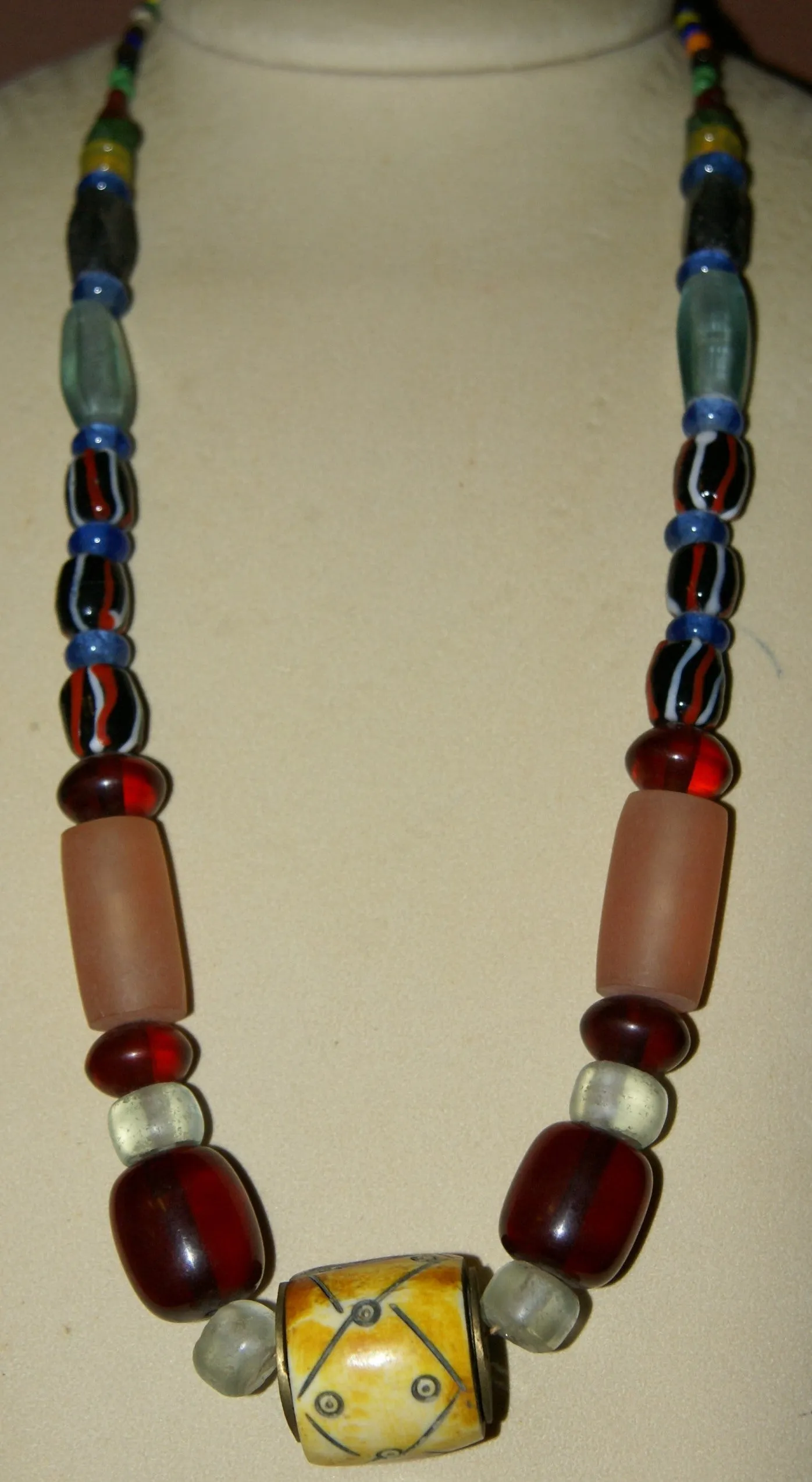 Rare Tribal Ethnic Dayak Iban Tribe Talisman Necklace: Antique Hand Crafted Magical Lukut Sekala , Old Trade Glass Beads, Amber beads, Buffalo Bone Hand Etched Beads, Chinese Coins, collected in 1980’s Borneo Aristocrat Owner, Indonesia. NB5