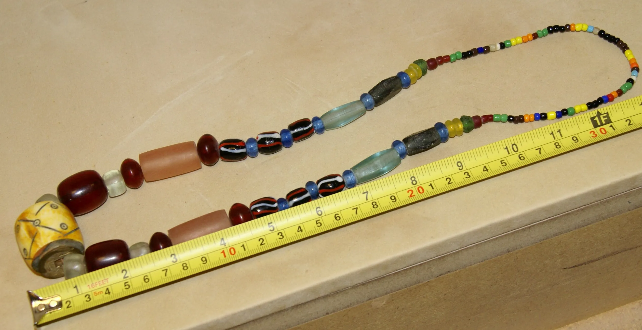 Rare Tribal Ethnic Dayak Iban Tribe Talisman Necklace: Antique Hand Crafted Magical Lukut Sekala , Old Trade Glass Beads, Amber beads, Buffalo Bone Hand Etched Beads, Chinese Coins, collected in 1980’s Borneo Aristocrat Owner, Indonesia. NB5
