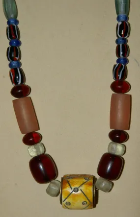 Rare Tribal Ethnic Dayak Iban Tribe Talisman Necklace: Antique Hand Crafted Magical Lukut Sekala , Old Trade Glass Beads, Amber beads, Buffalo Bone Hand Etched Beads, Chinese Coins, collected in 1980’s Borneo Aristocrat Owner, Indonesia. NB5