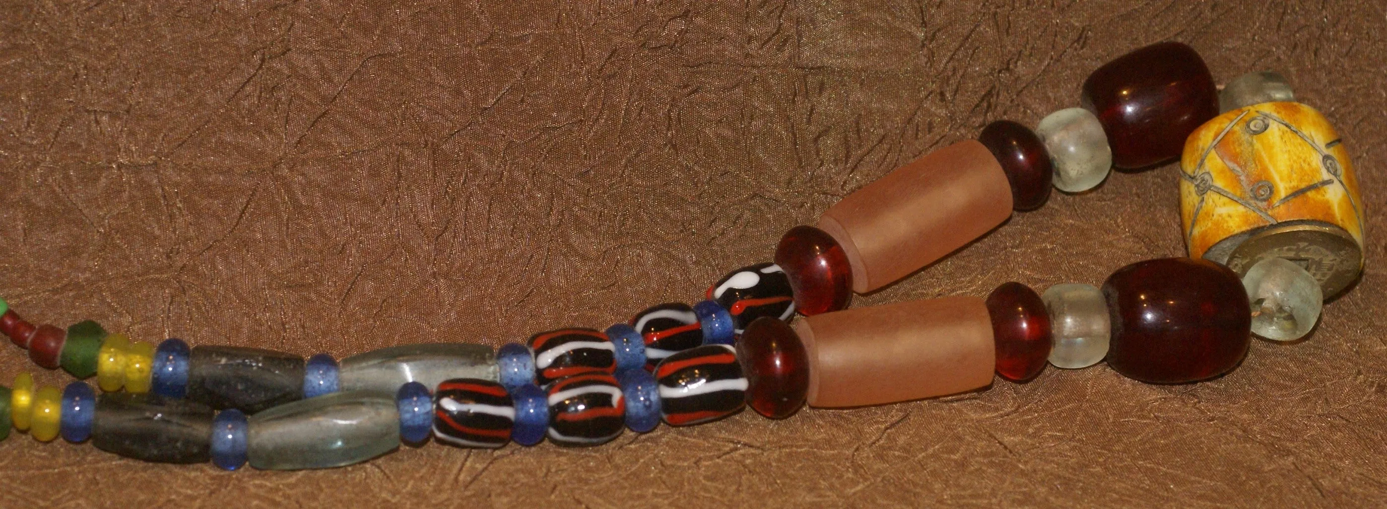 Rare Tribal Ethnic Dayak Iban Tribe Talisman Necklace: Antique Hand Crafted Magical Lukut Sekala , Old Trade Glass Beads, Amber beads, Buffalo Bone Hand Etched Beads, Chinese Coins, collected in 1980’s Borneo Aristocrat Owner, Indonesia. NB5