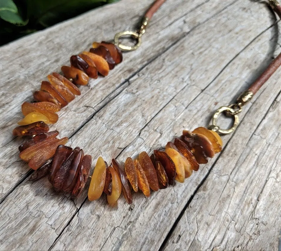 Raw Baltic Amber Chip & Leather Necklace