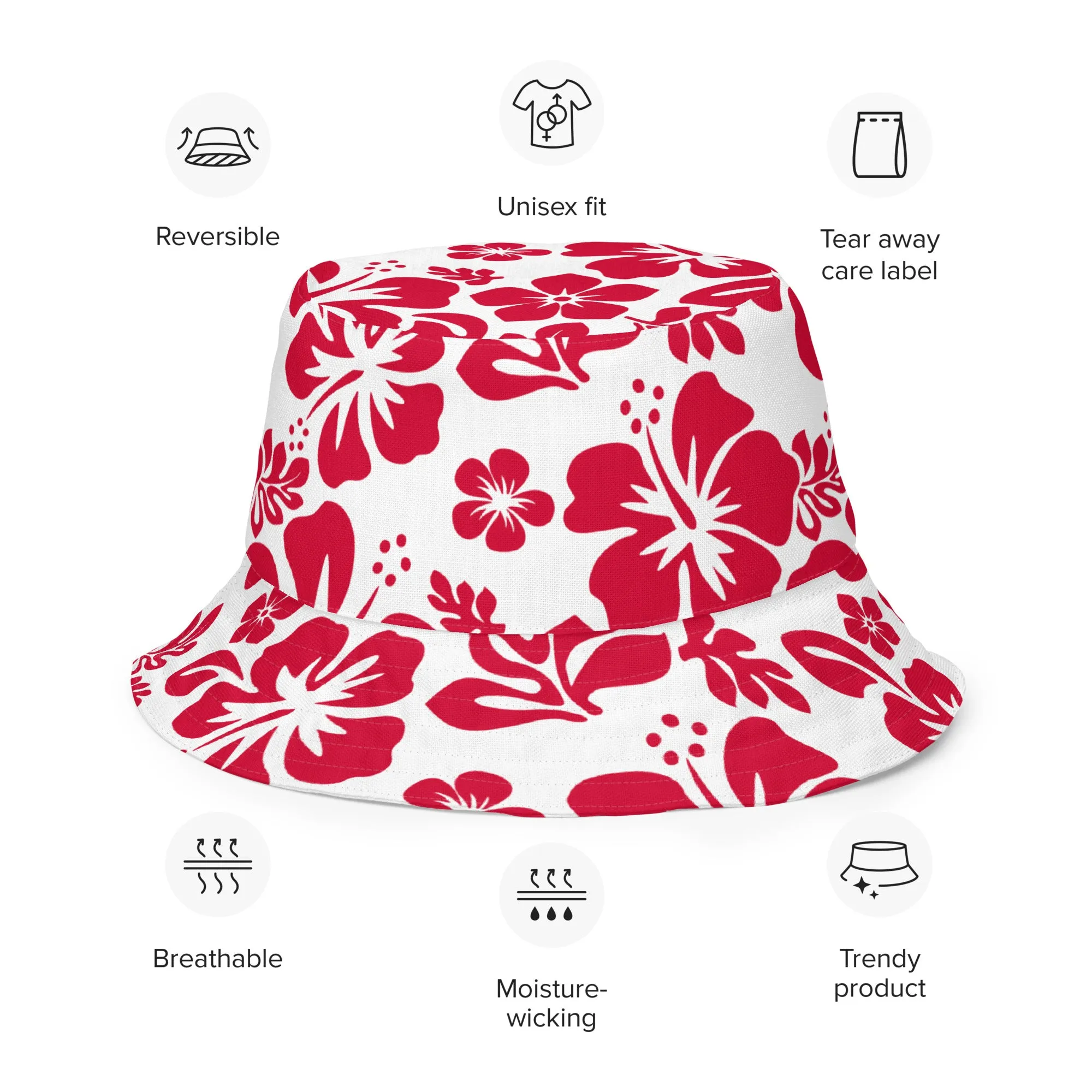 Red and White Hawaiian Flowers Reversible Bucket Hat