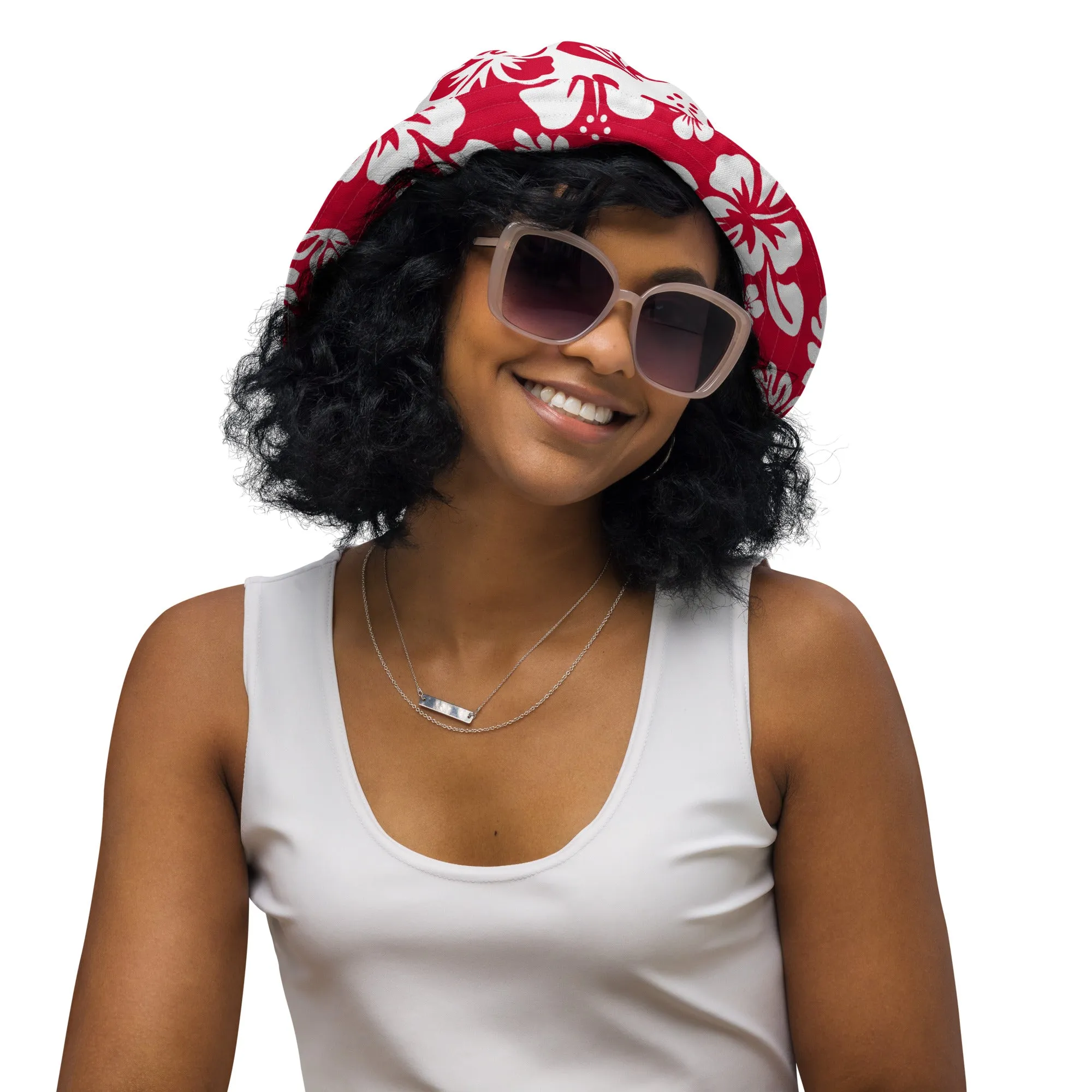 Red and White Hawaiian Flowers Reversible Bucket Hat