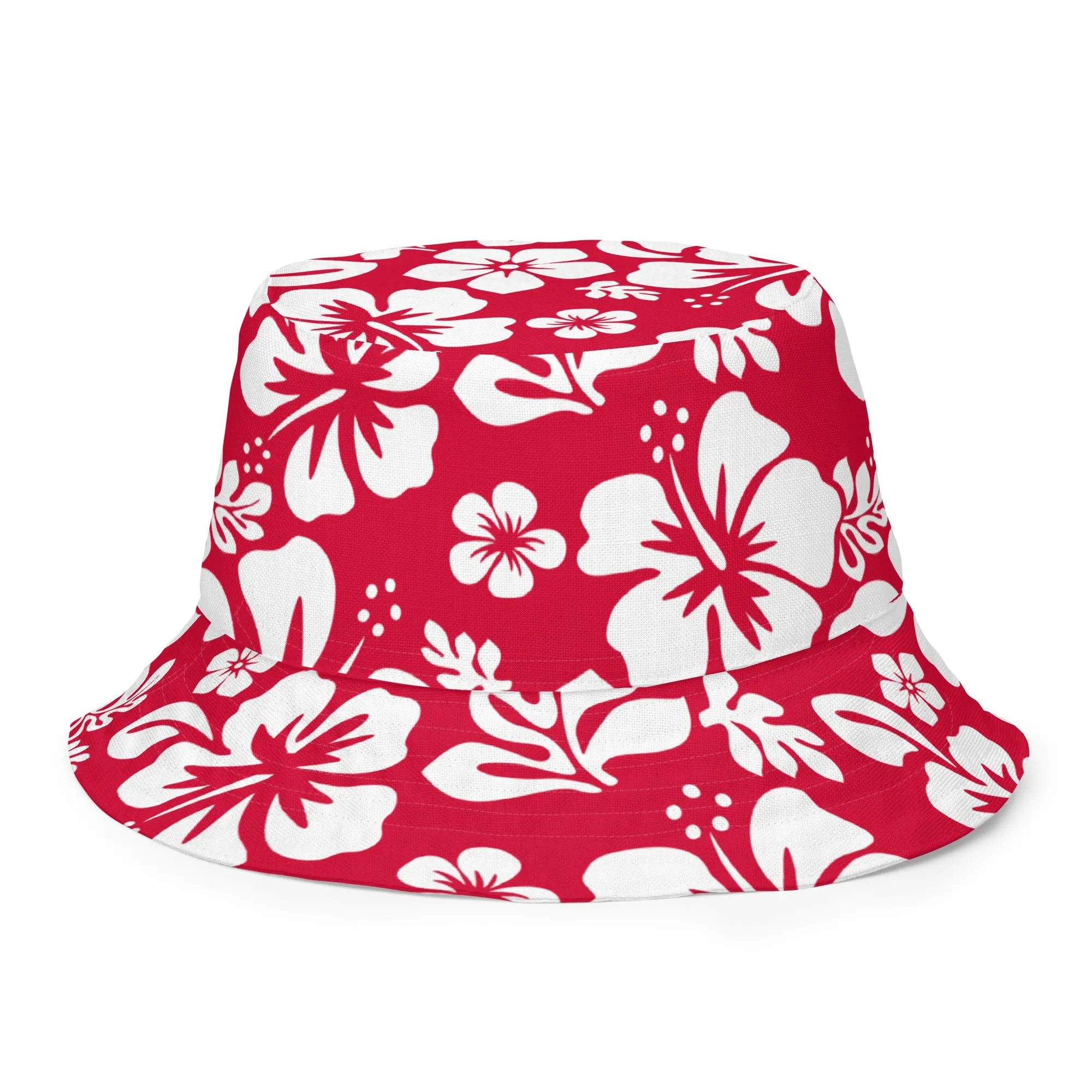 Red and White Hawaiian Flowers Reversible Bucket Hat