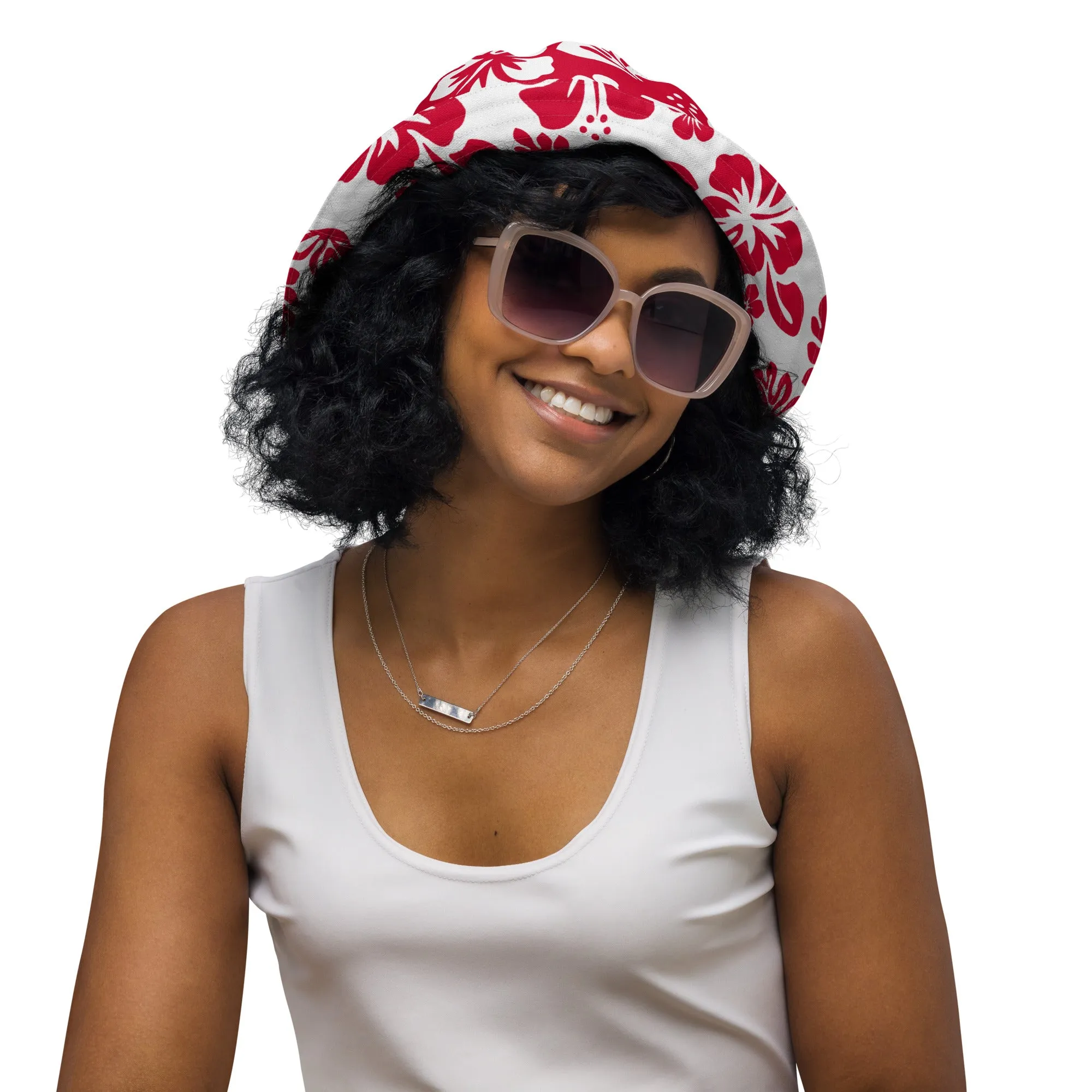 Red and White Hawaiian Flowers Reversible Bucket Hat