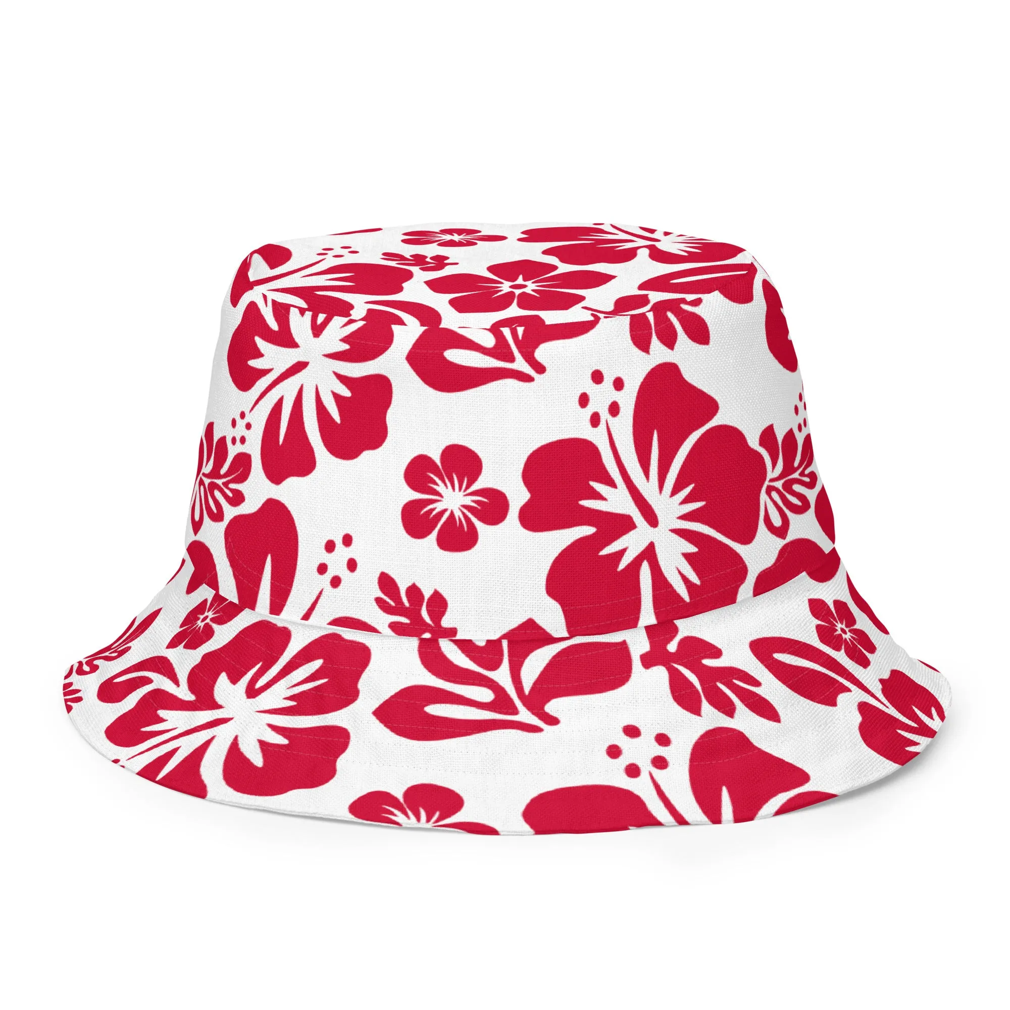 Red and White Hawaiian Flowers Reversible Bucket Hat