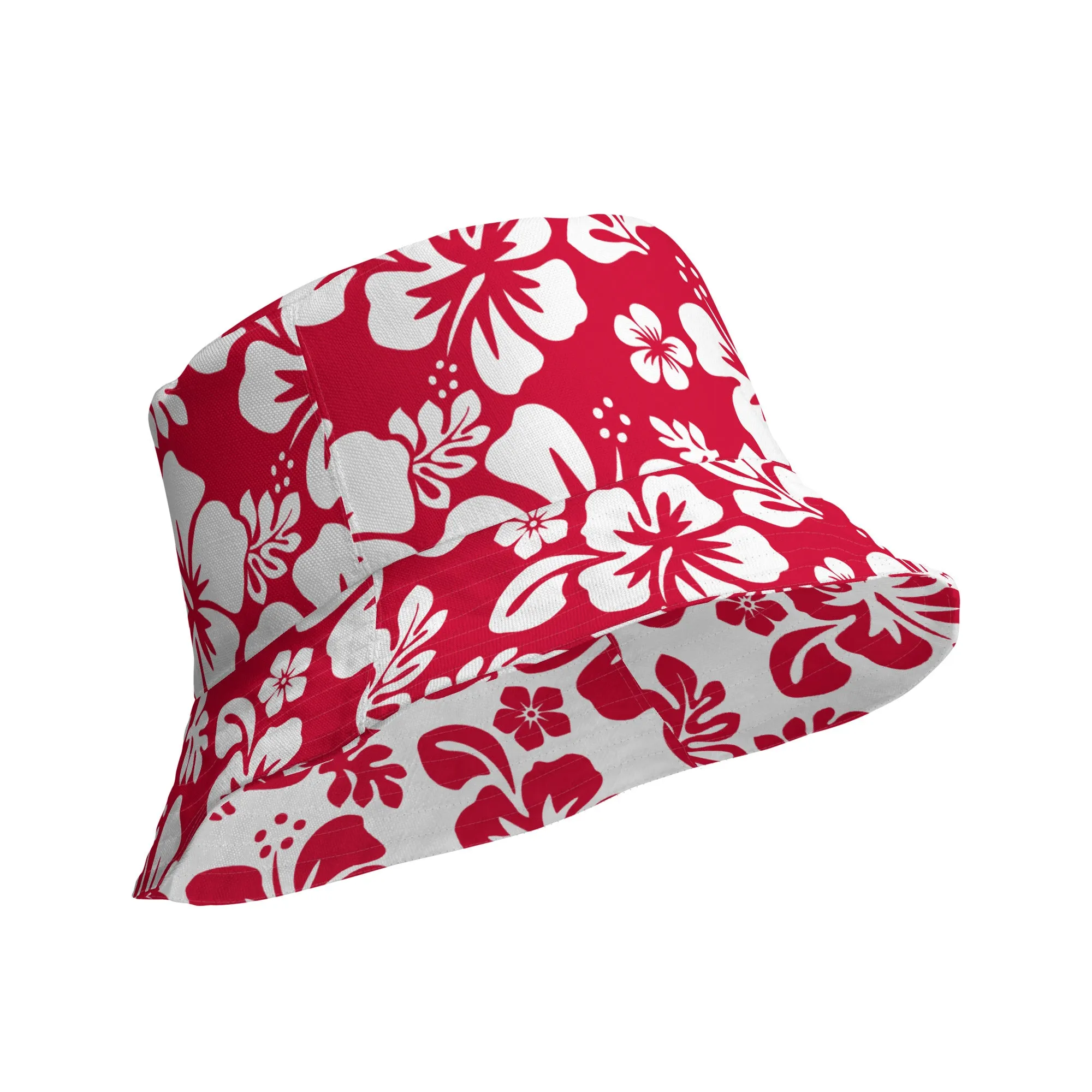 Red and White Hawaiian Flowers Reversible Bucket Hat