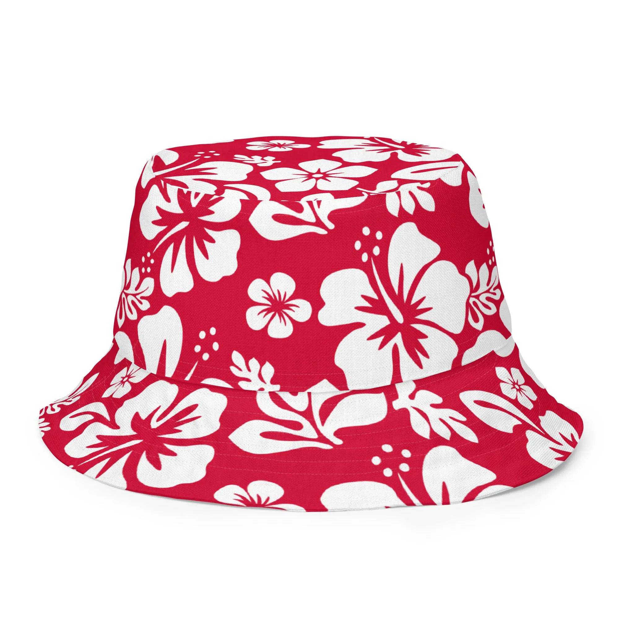 Red and White Hawaiian Flowers Reversible Bucket Hat