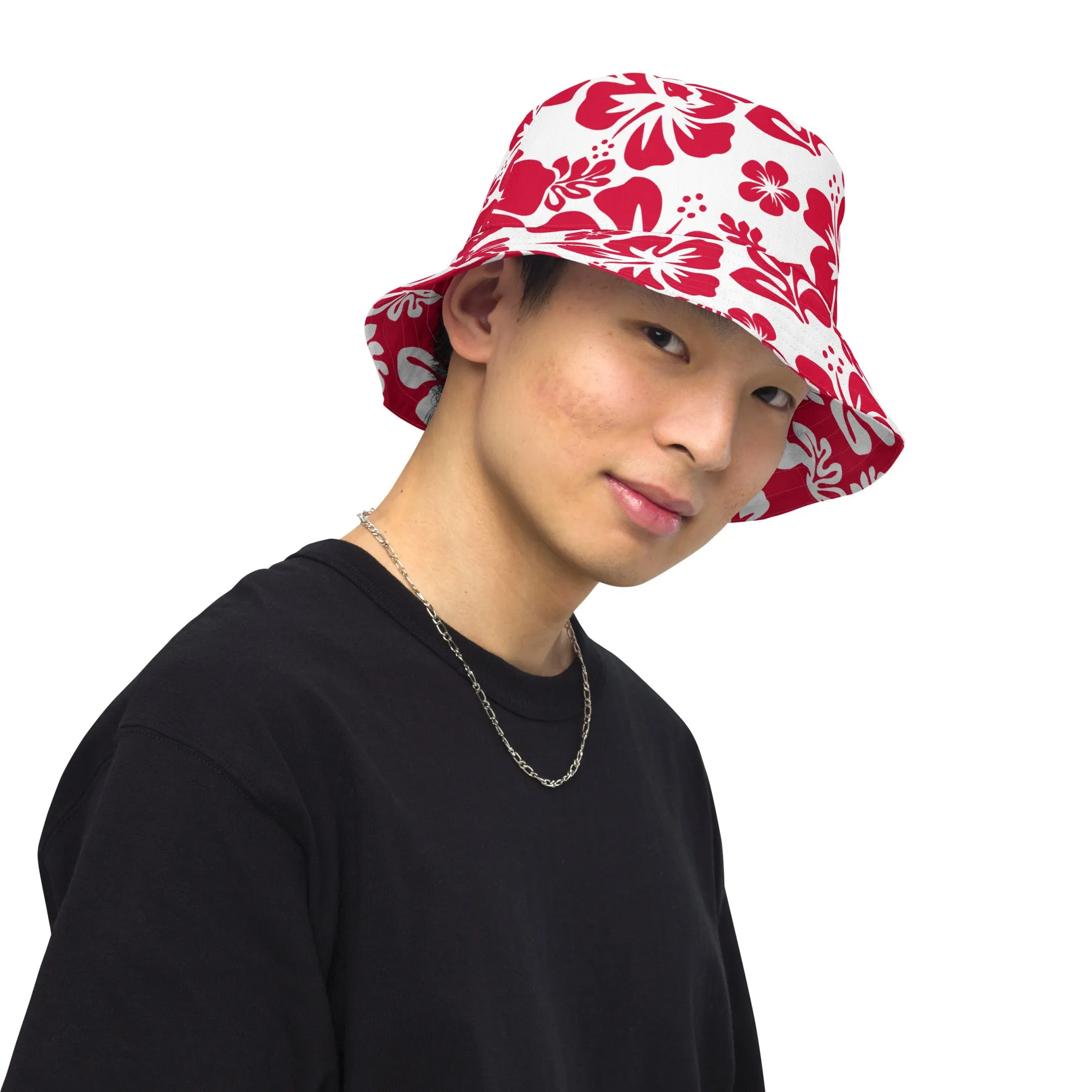 Red and White Hawaiian Flowers Reversible Bucket Hat
