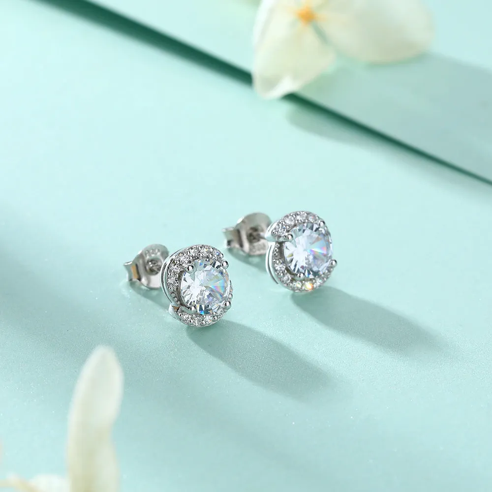 Rotate Shape with Round Zircon Silver Studs Earrings for Women