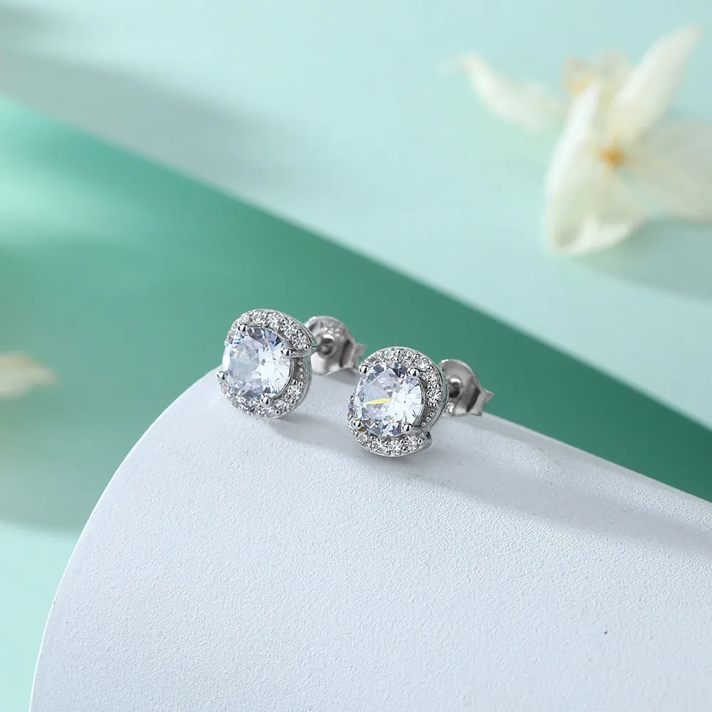 Rotate Shape with Round Zircon Silver Studs Earrings for Women