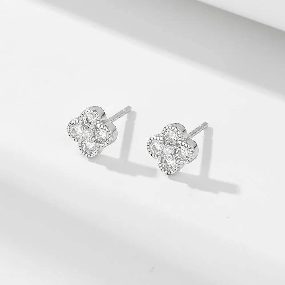 Round Zircon Four Leaf Clover Silver Stud Earrings
