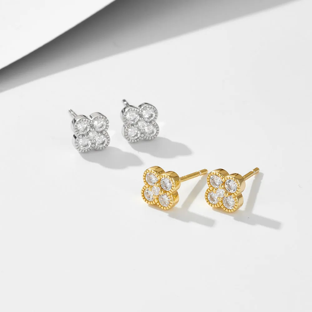 Round Zircon Four Leaf Clover Silver Stud Earrings