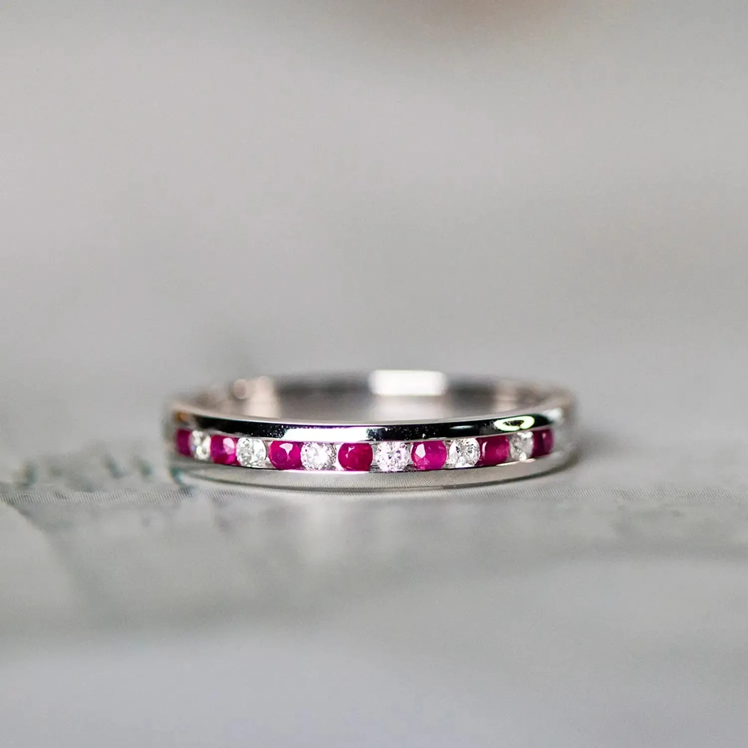 Ruby & Diamond Solid White Gold Half Eternity Ring