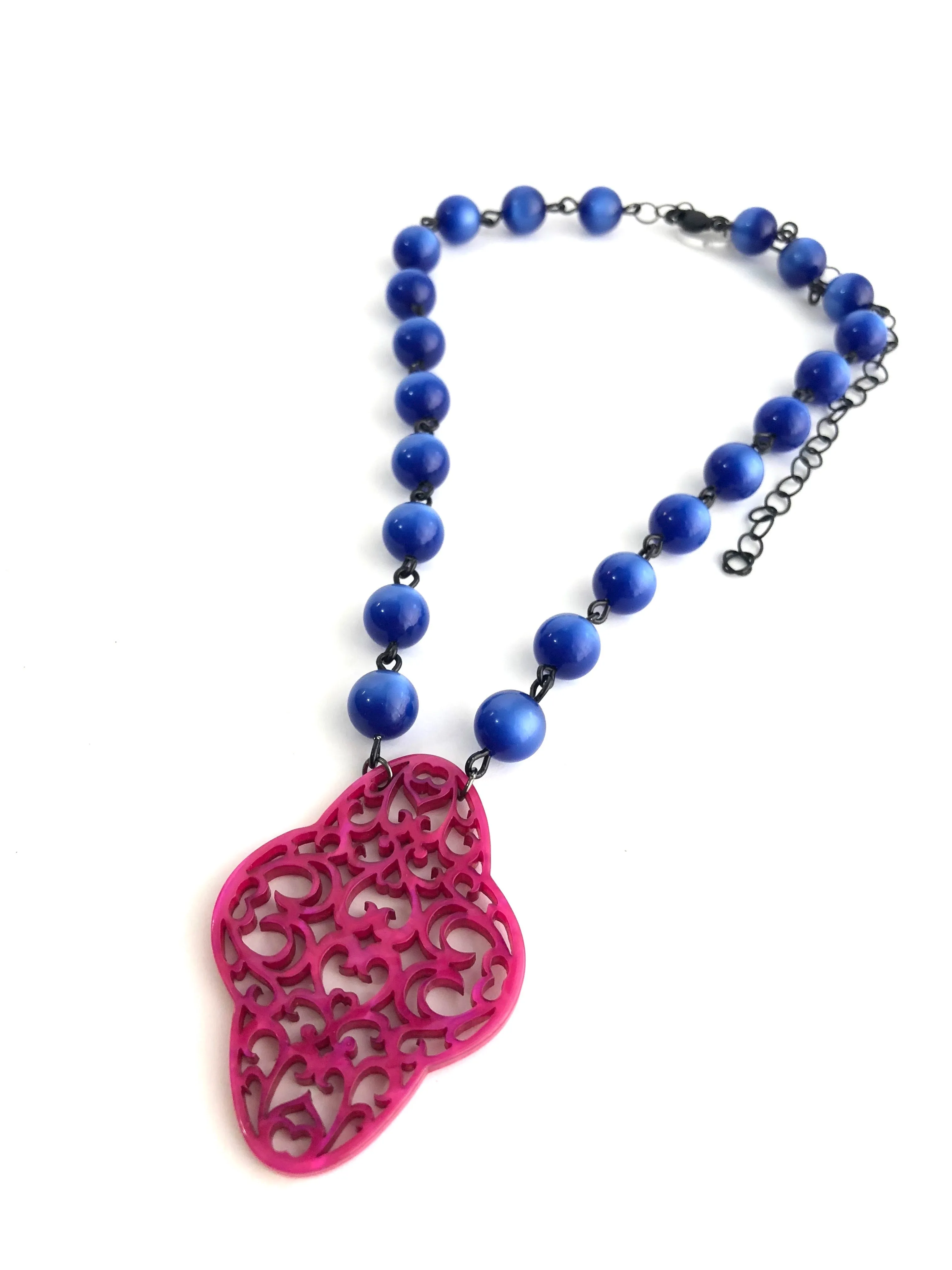 Sapphire Blue & Hot Pink Boho Lace Beaded Aleta Necklace