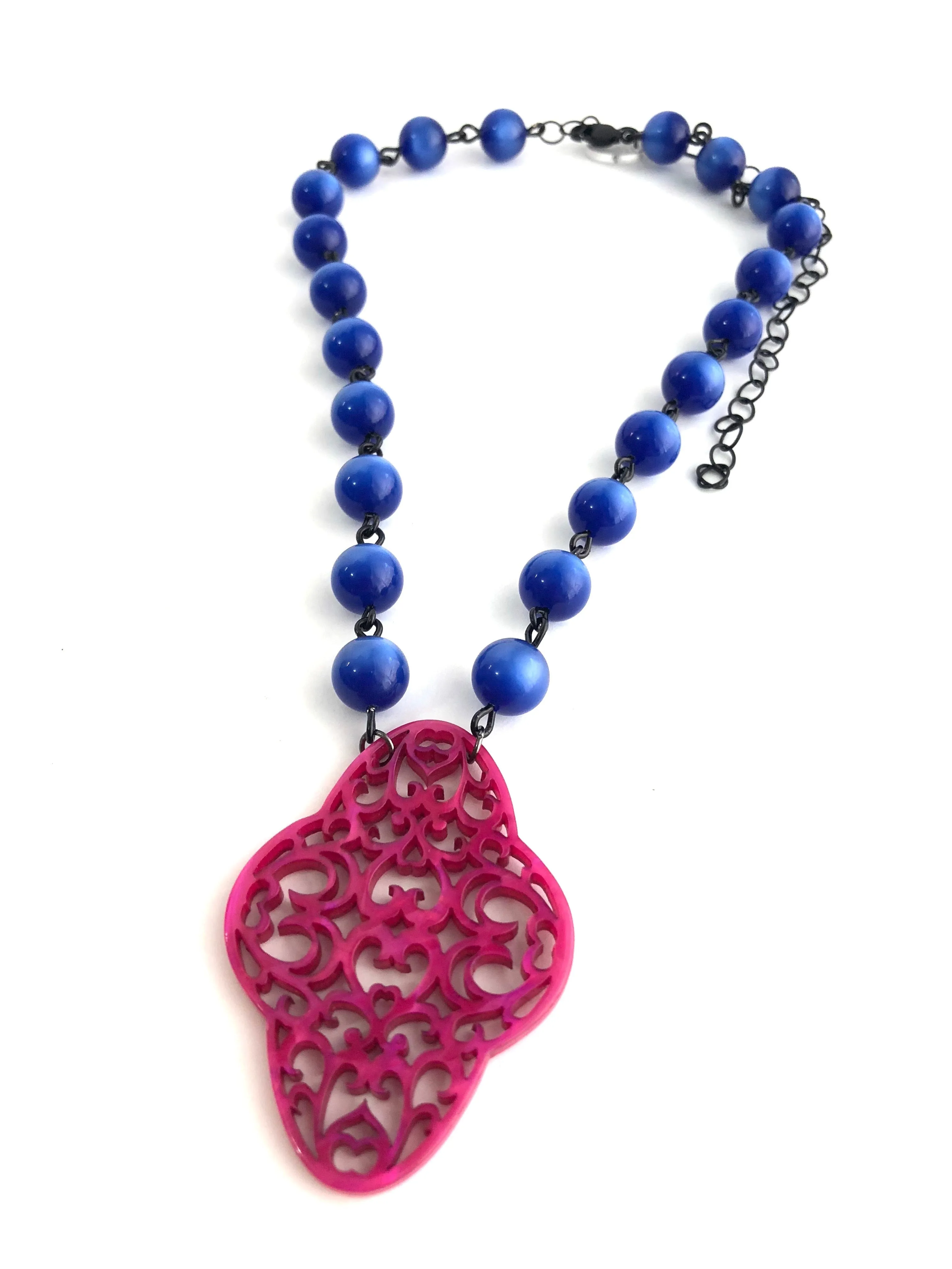 Sapphire Blue & Hot Pink Boho Lace Beaded Aleta Necklace