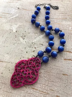 Sapphire Blue & Hot Pink Boho Lace Beaded Aleta Necklace