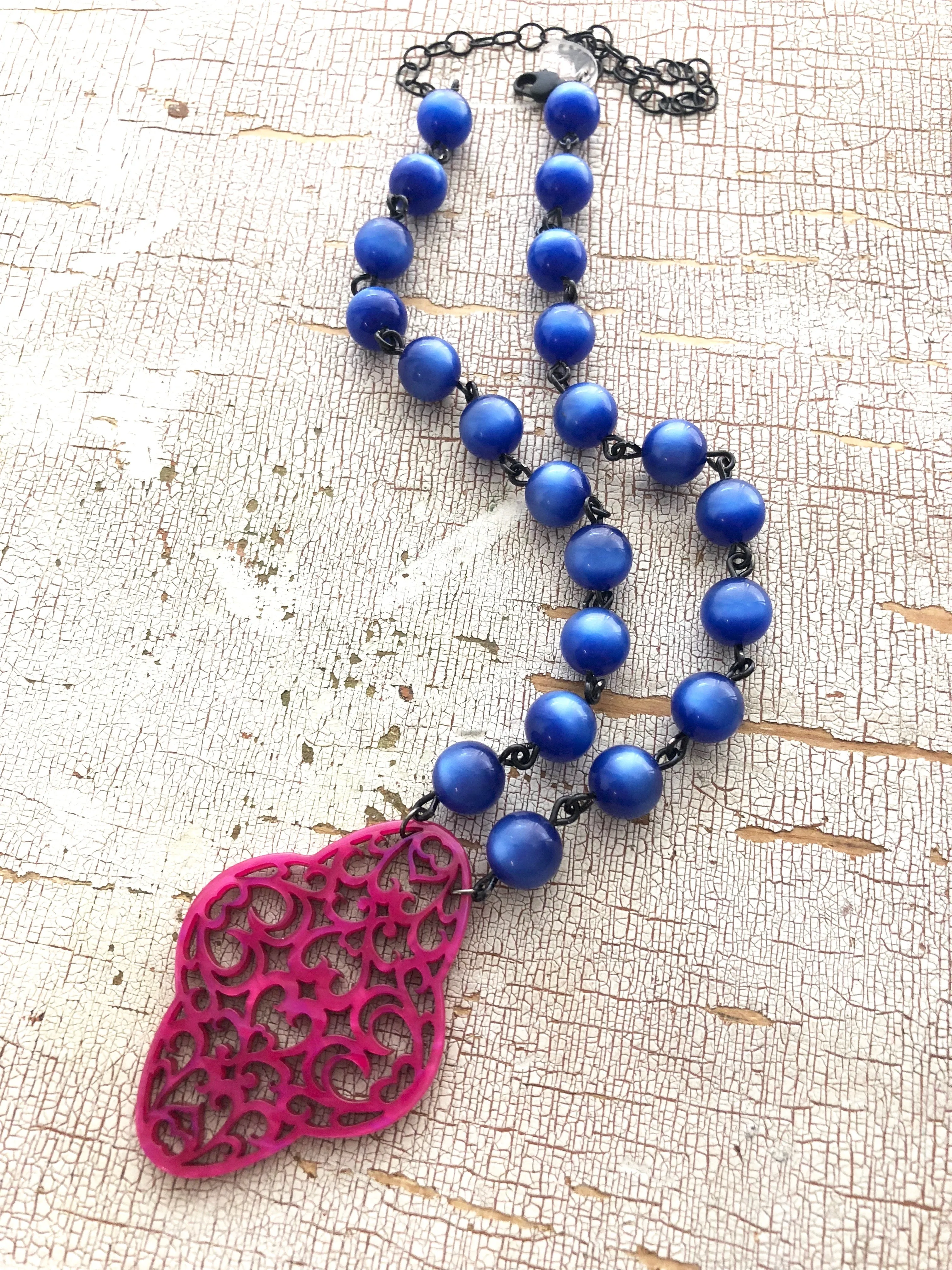 Sapphire Blue & Hot Pink Boho Lace Beaded Aleta Necklace
