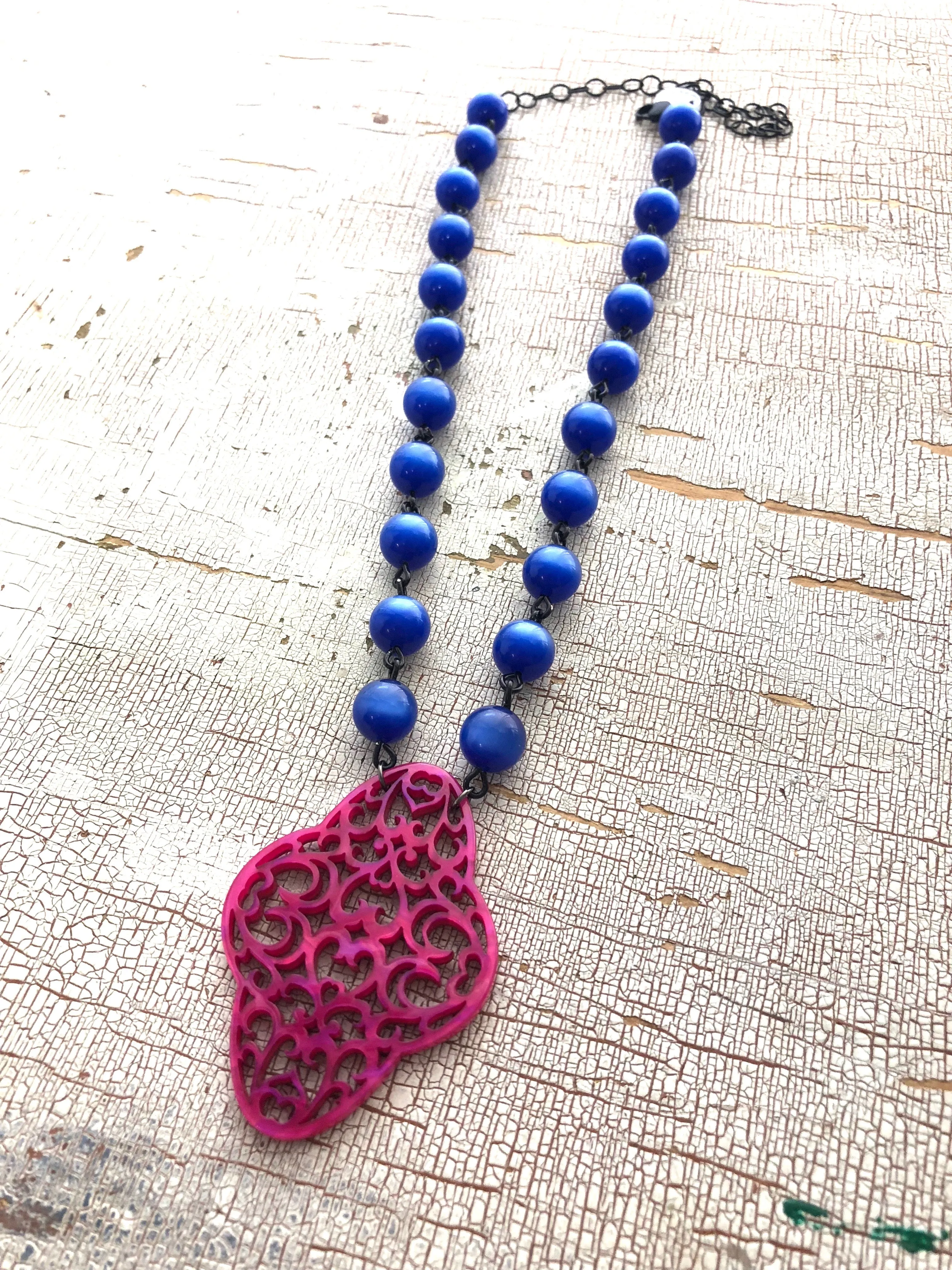 Sapphire Blue & Hot Pink Boho Lace Beaded Aleta Necklace