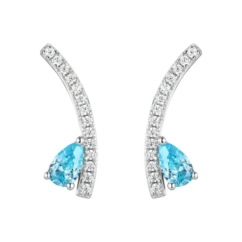 Sea Blue Pear Shape Zircon Arc Shape Sterling Silver Stud Earrings